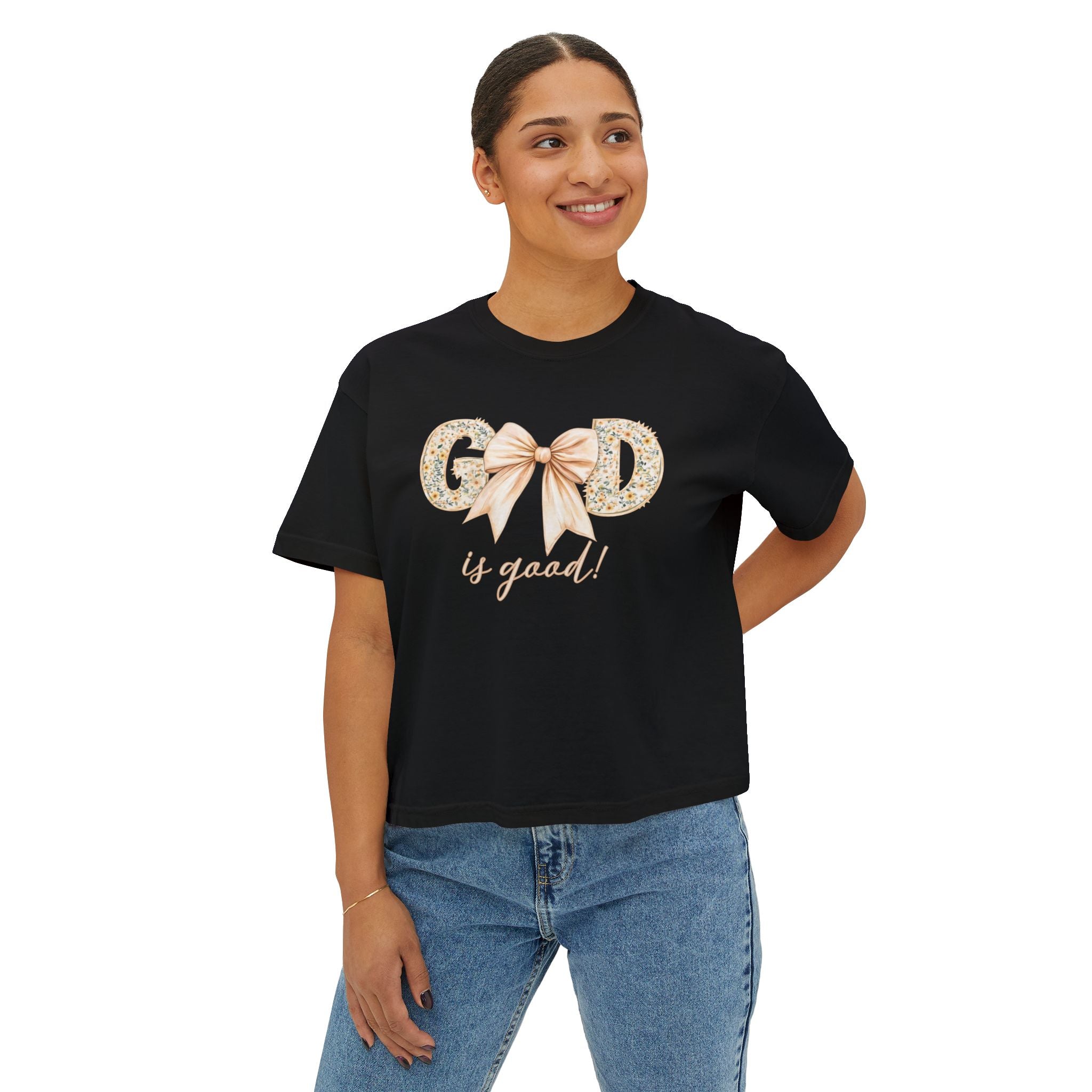 God is Good Bow Boxy Tee — Women's Floral Ribbon Graphic Tee