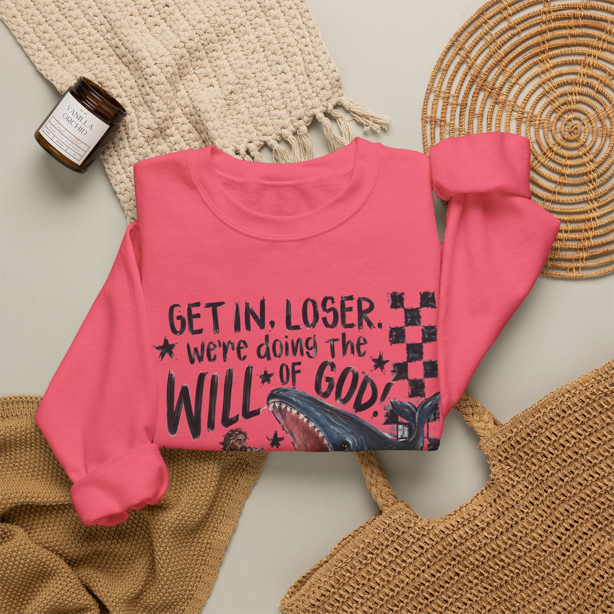 Christian Crewneck Sweatshirt — “Get in, Loser, We’re Doing the Will of God” Graphic
