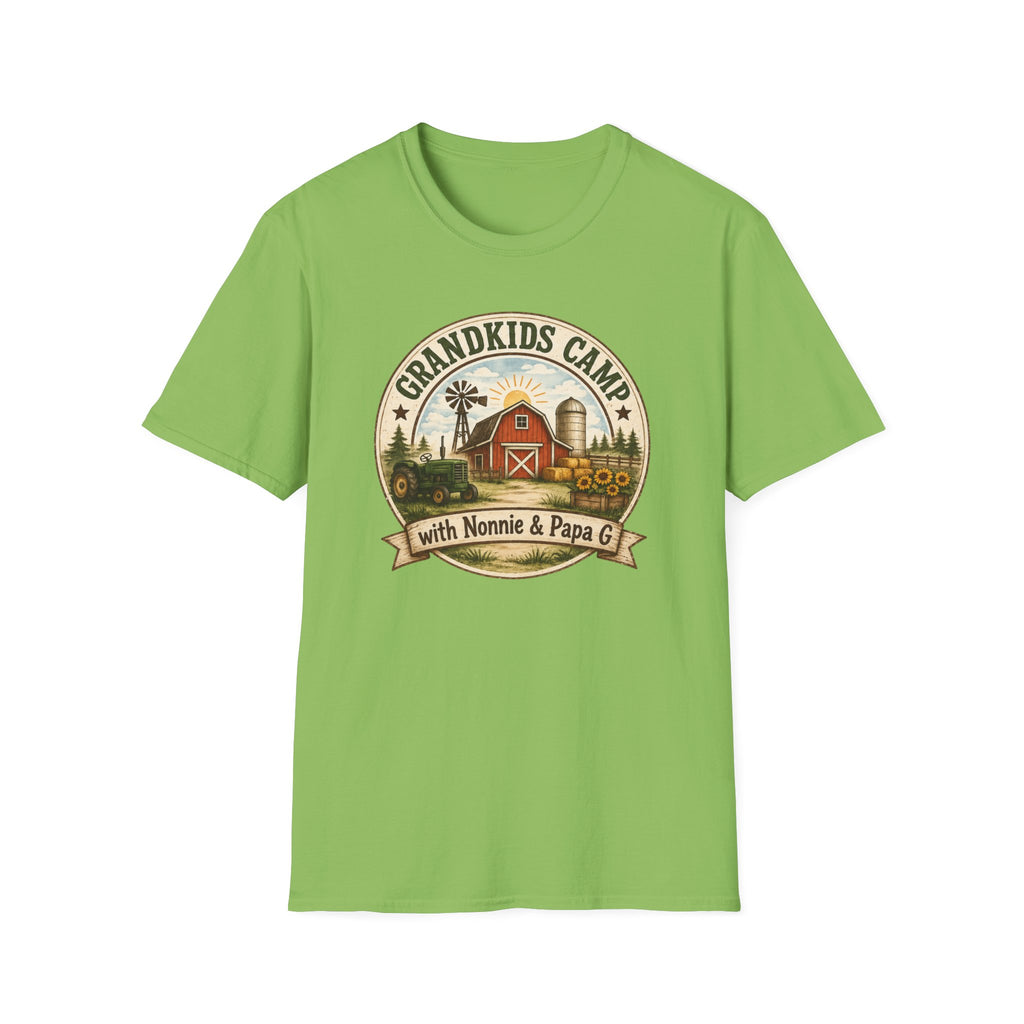 Grandkids Camp T-Shirt – Retro Barn, Tractor & 'Grandkids Camp with Nonnie & Papa' Design