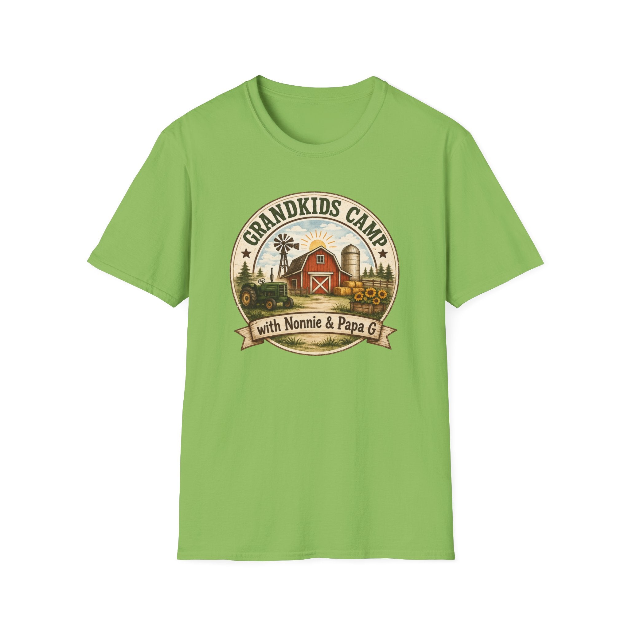 Grandkids Camp T-Shirt – Retro Barn, Tractor & 'Grandkids Camp with Nonnie & Papa' Design