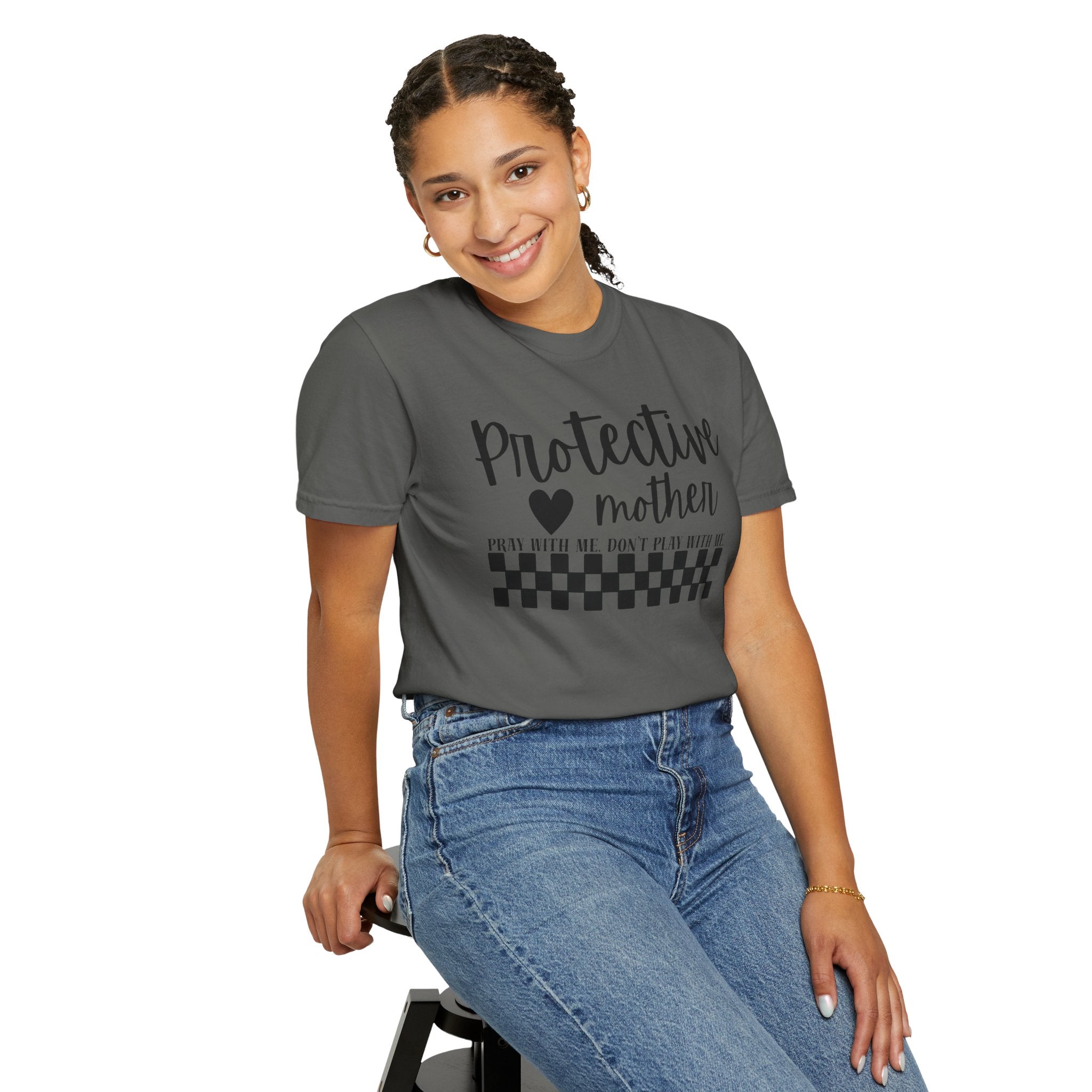 Protective Mother T-Shirt — “Protective Mother” Script Tee with Checkerboard Accent