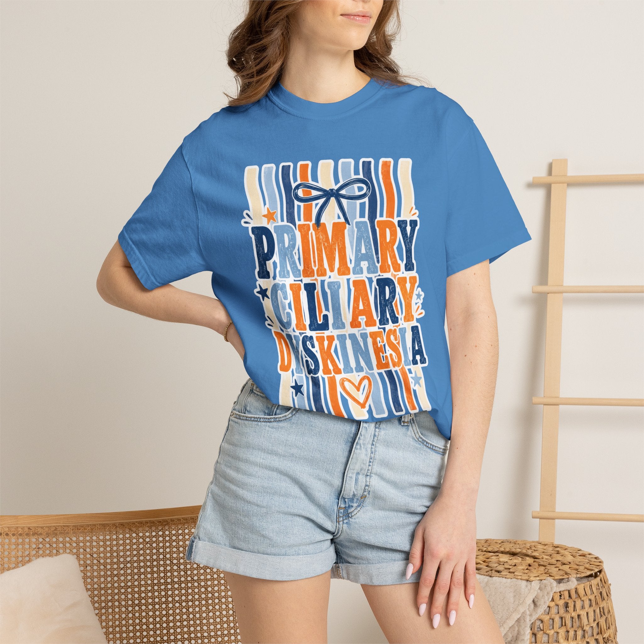 Primary Ciliary Dyskinesia Awareness T-Shirt — Orange & Blue Ribbon Design