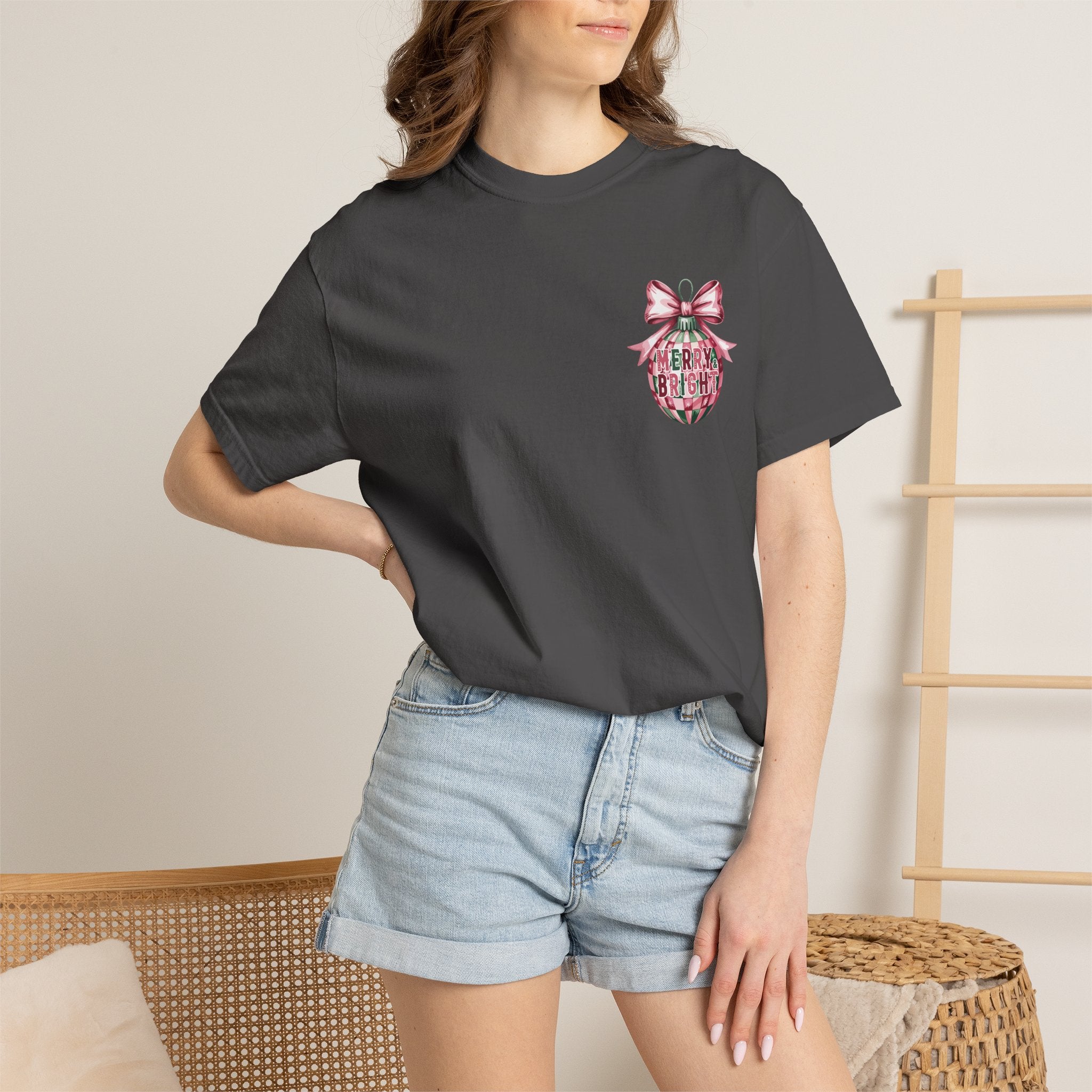 Holiday Patchwork Tee - "Merry & Bright" Graphic T-Shirt