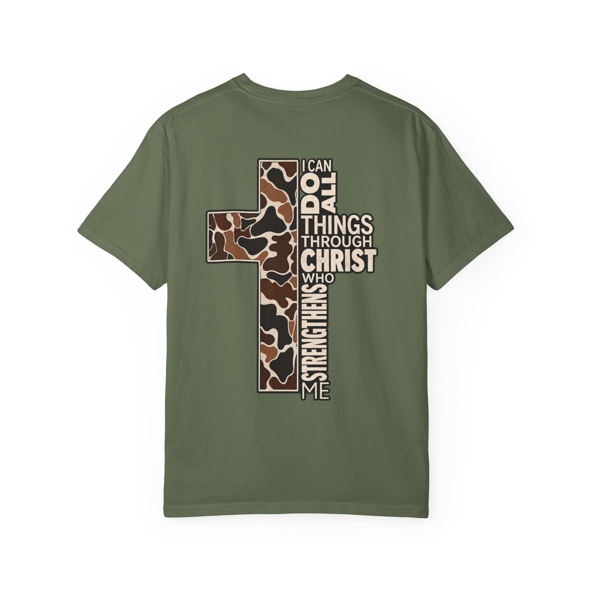 Christian Cross T‑Shirt — "I Can Do All Things Through Christ" Camouflage Design