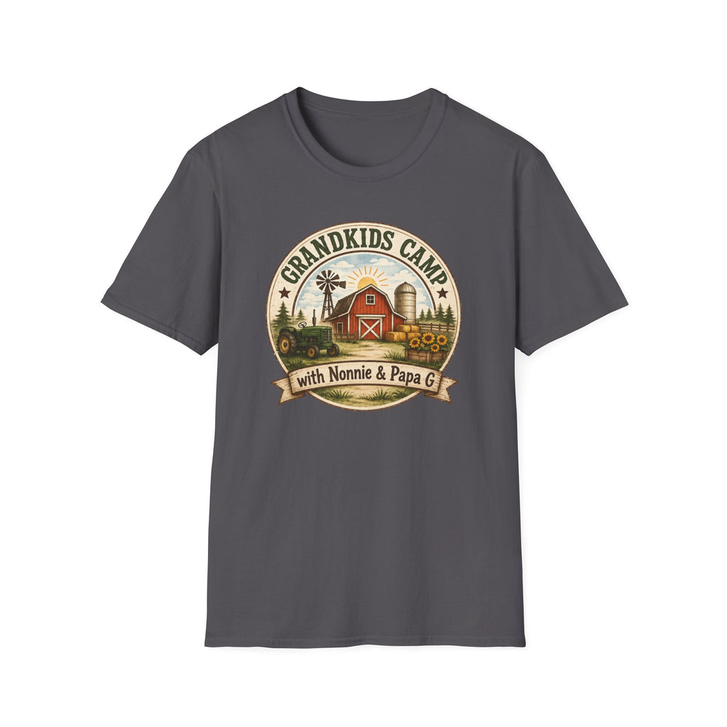 Grandkids Camp T-Shirt – Retro Barn, Tractor & 'Grandkids Camp with Nonnie & Papa' Design