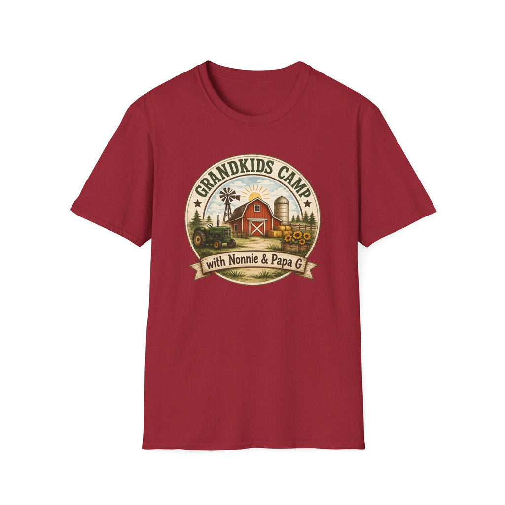 Grandkids Camp T-Shirt – Retro Barn, Tractor & 'Grandkids Camp with Nonnie & Papa' Design
