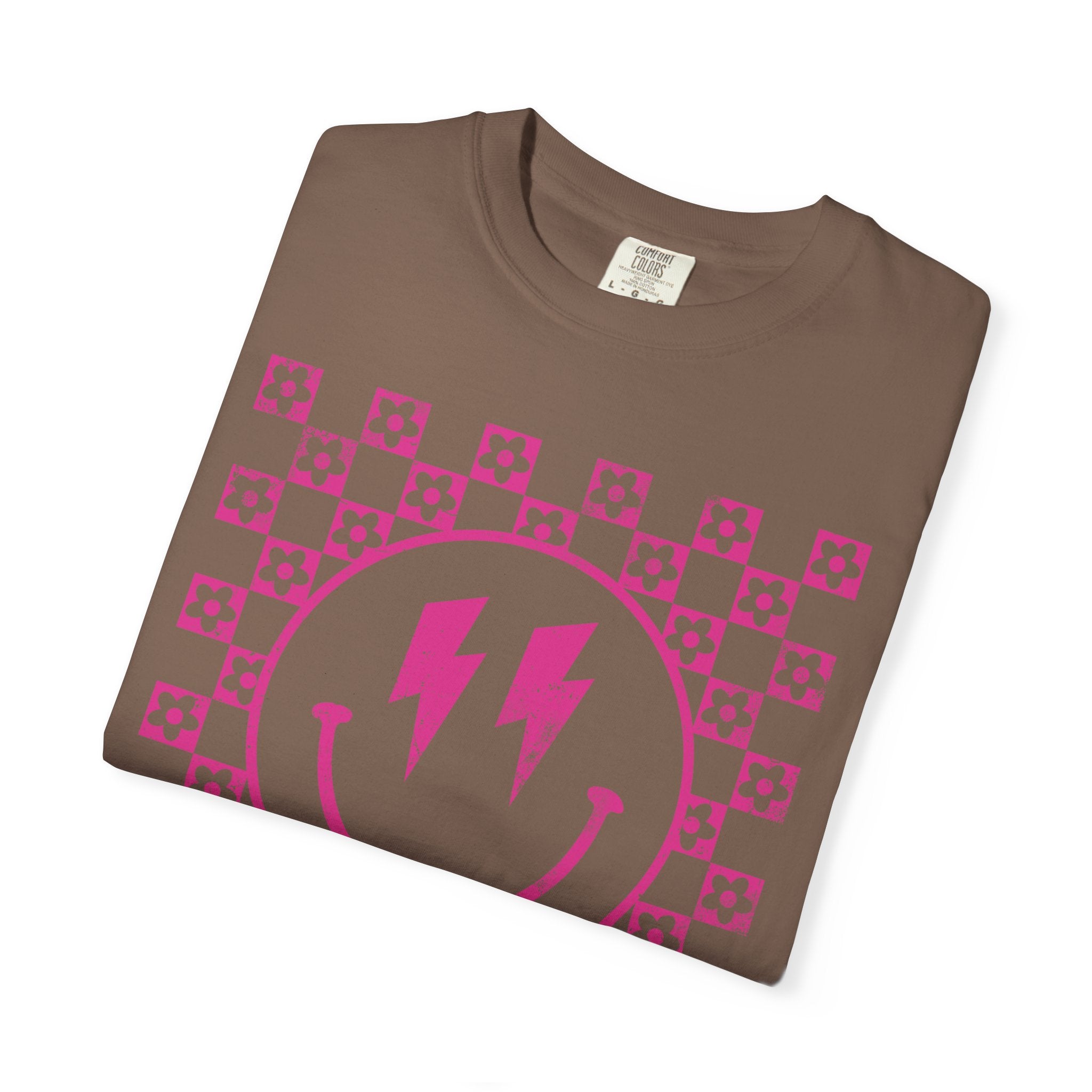 Pink Lightning Smile Tee - Retro Checkerboard Graphic T-Shirt
