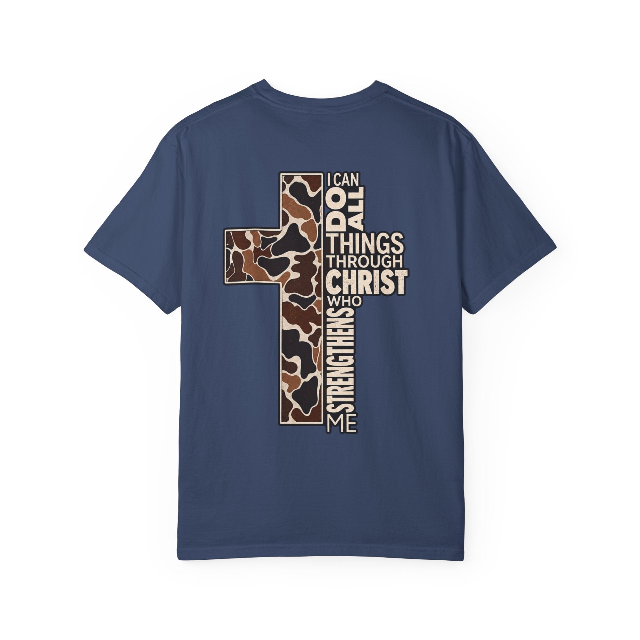 Christian Cross T‑Shirt — "I Can Do All Things Through Christ" Camouflage Design