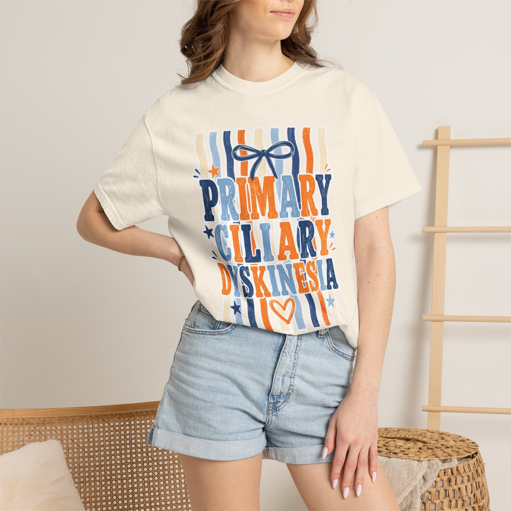 Primary Ciliary Dyskinesia Awareness T-Shirt — Orange & Blue Ribbon Design