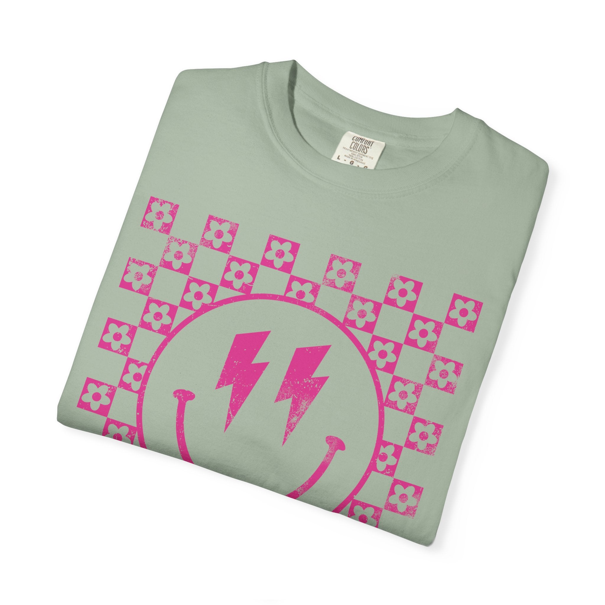 Pink Lightning Smile Tee - Retro Checkerboard Graphic T-Shirt