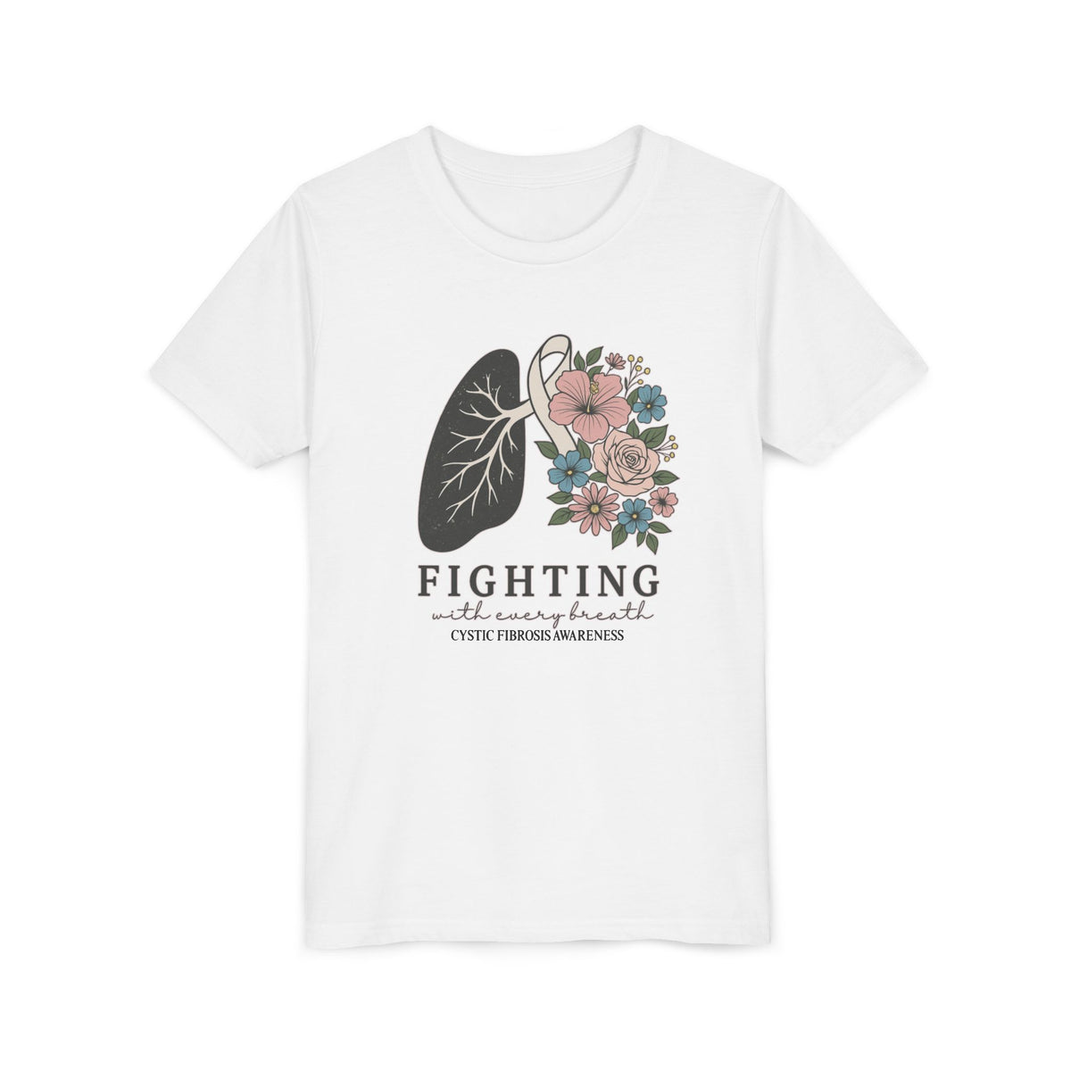 Youth Tee — "Fighting with Every Breath" Floral Lungs CF Awareness Shirt