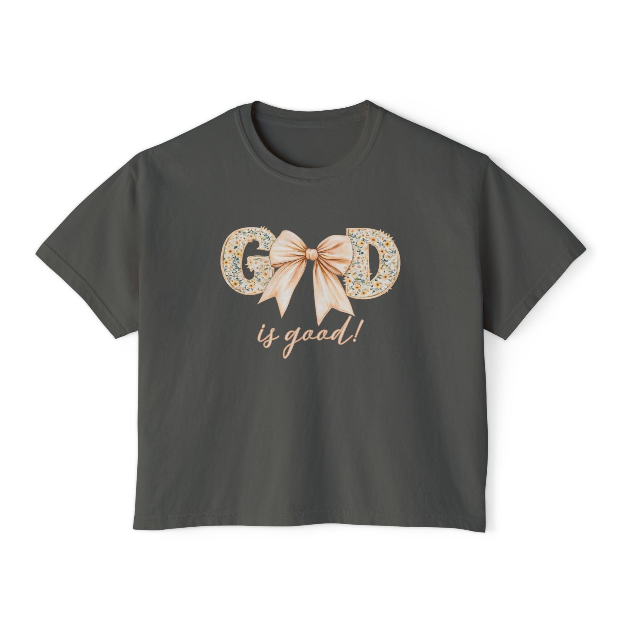 God is Good Bow Boxy Tee — Women's Floral Ribbon Graphic Tee