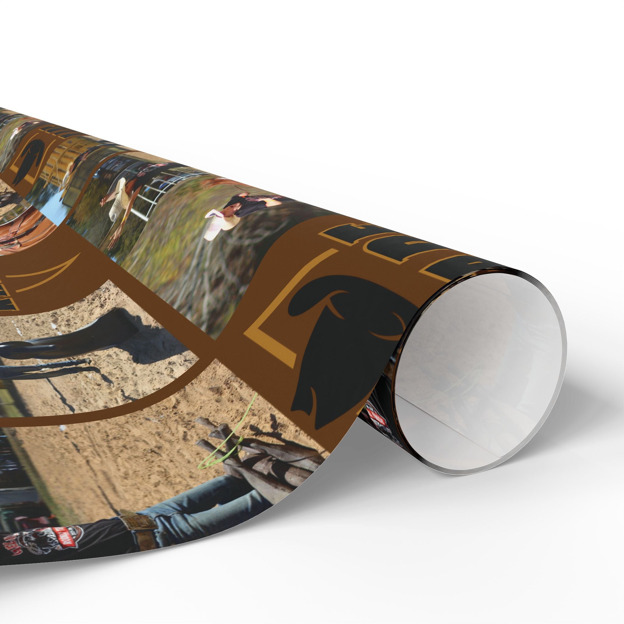 KADE——-Western Rodeo Photo Collage Wrapping Paper Roll — Brown Cowboy Theme Gift Wrap