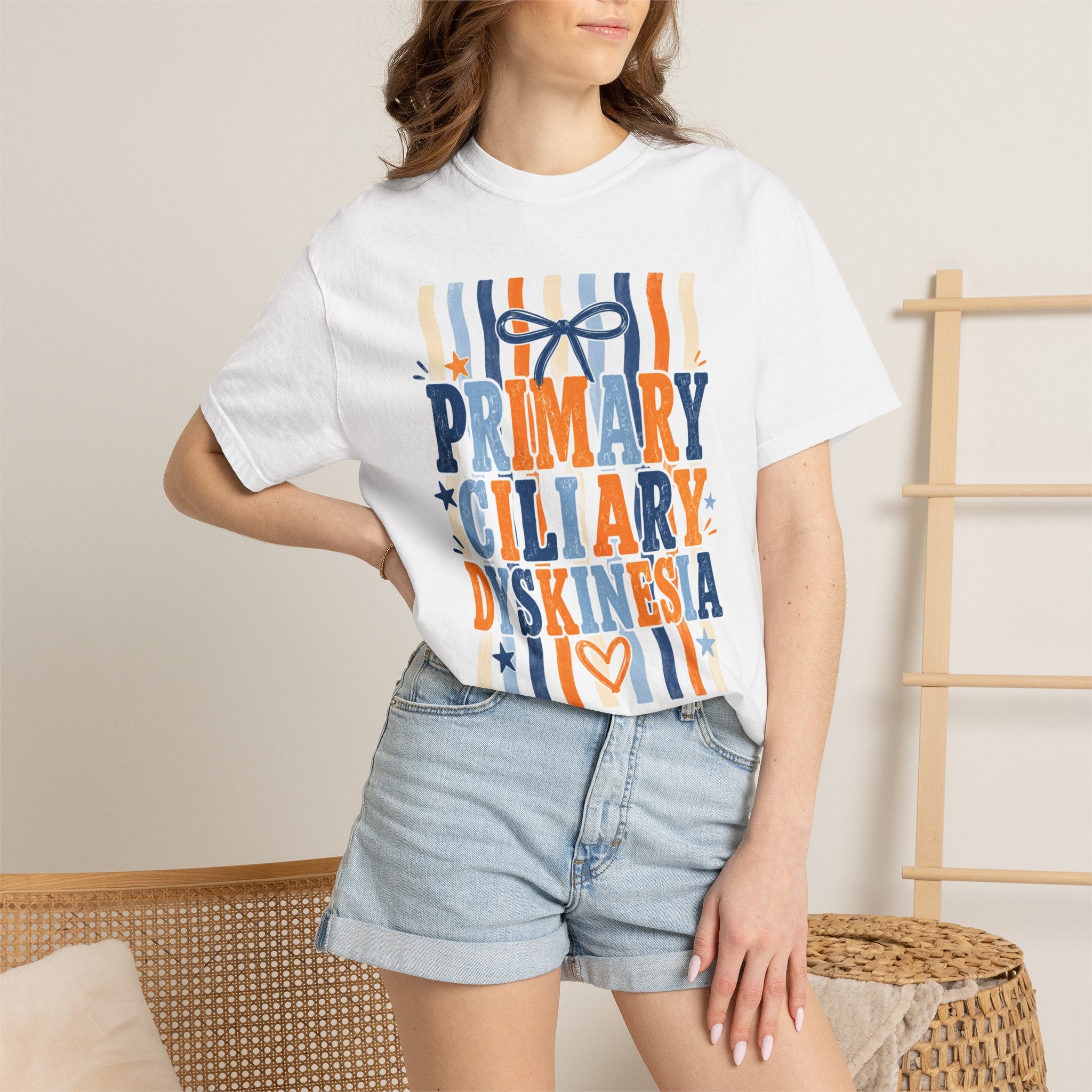 Primary Ciliary Dyskinesia Awareness T-Shirt — Orange & Blue Ribbon Design