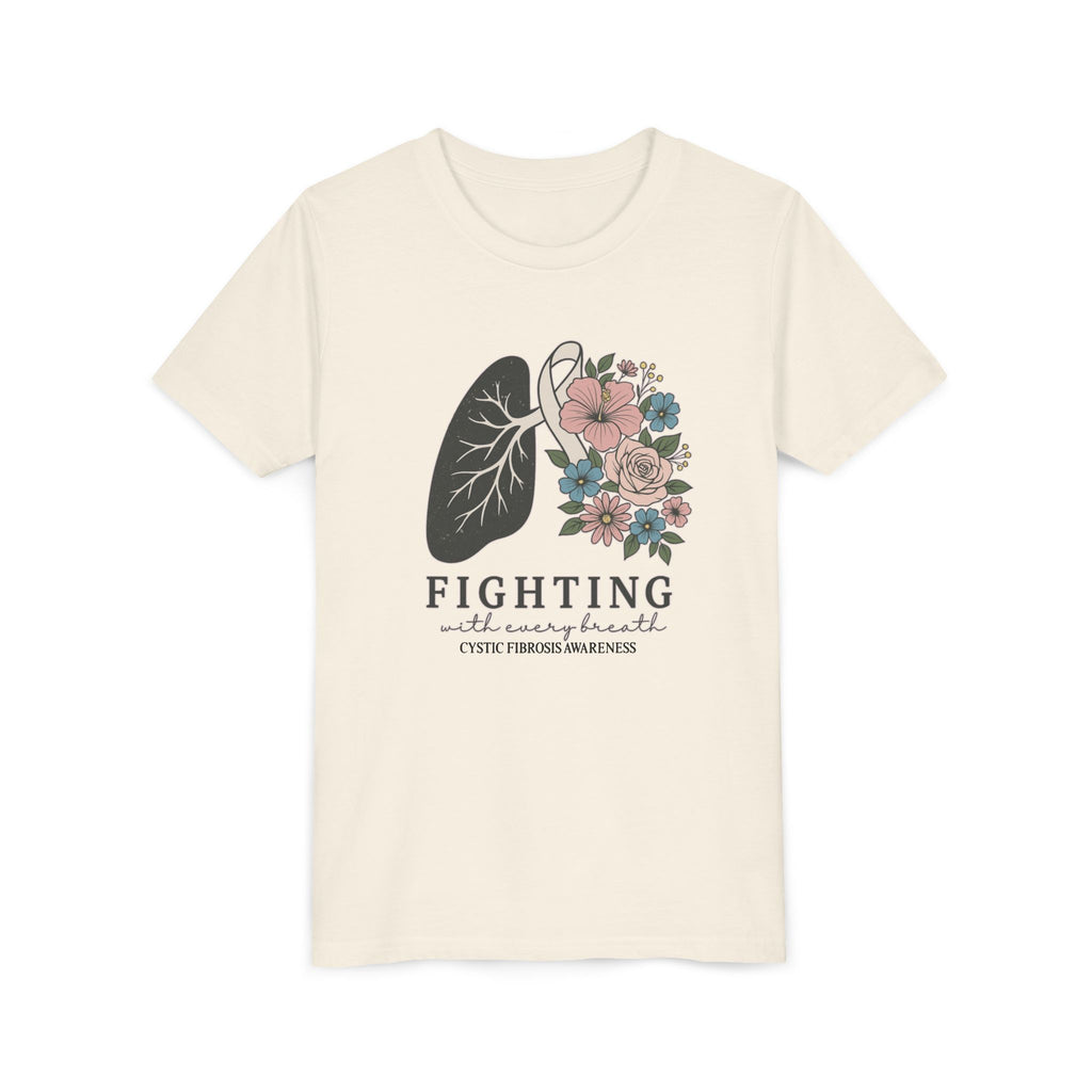 Youth Tee — "Fighting with Every Breath" Floral Lungs CF Awareness Shirt