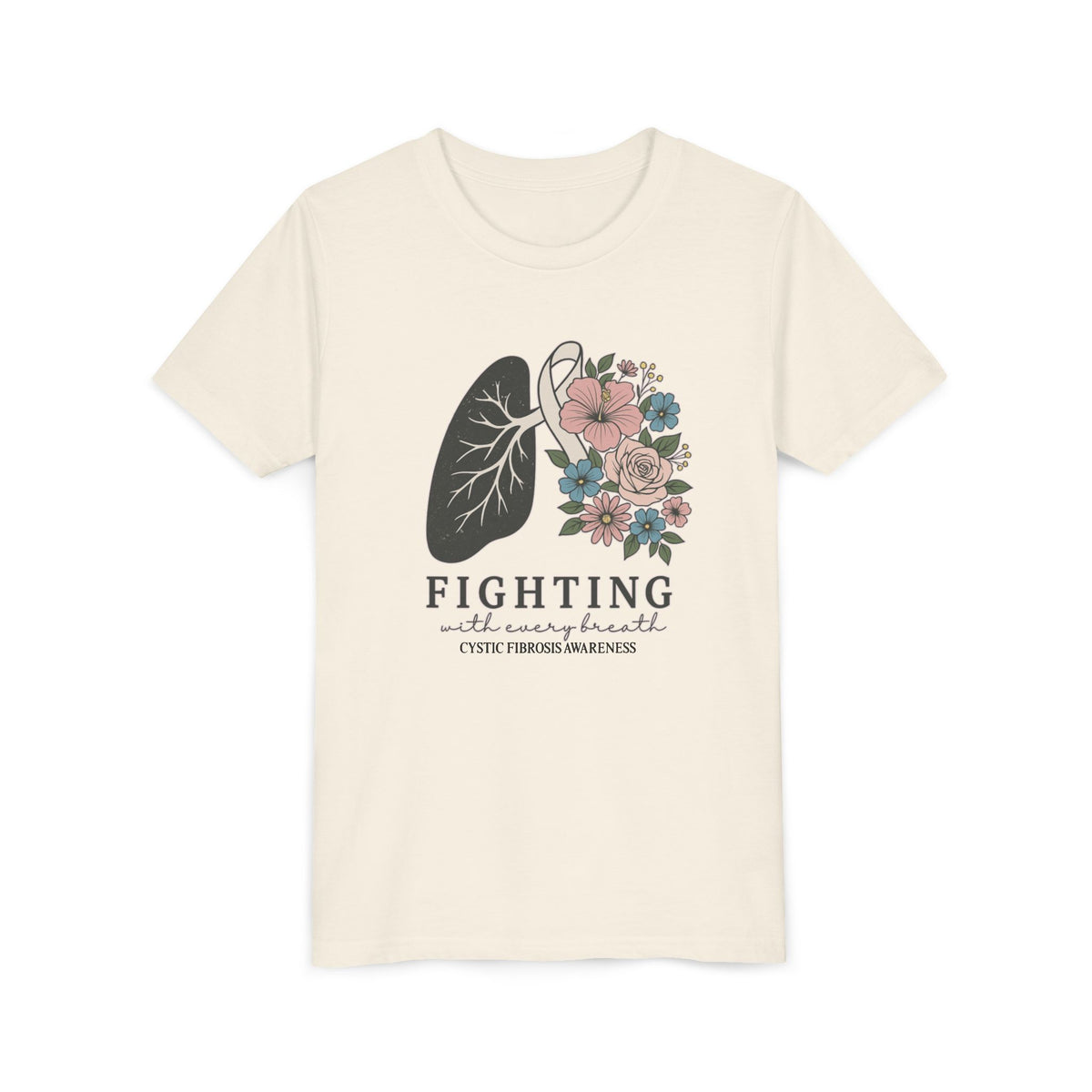 Youth Tee — "Fighting with Every Breath" Floral Lungs CF Awareness Shirt