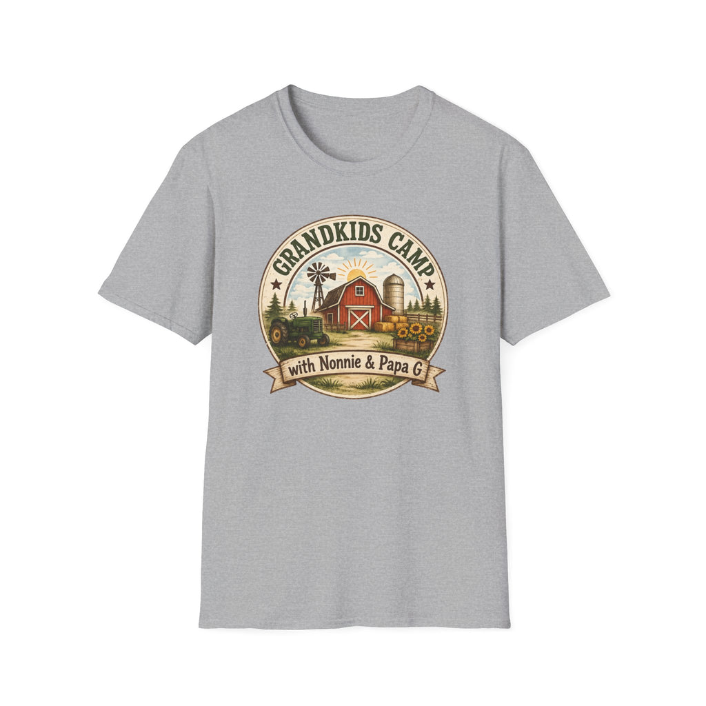 Grandkids Camp T-Shirt – Retro Barn, Tractor & 'Grandkids Camp with Nonnie & Papa' Design