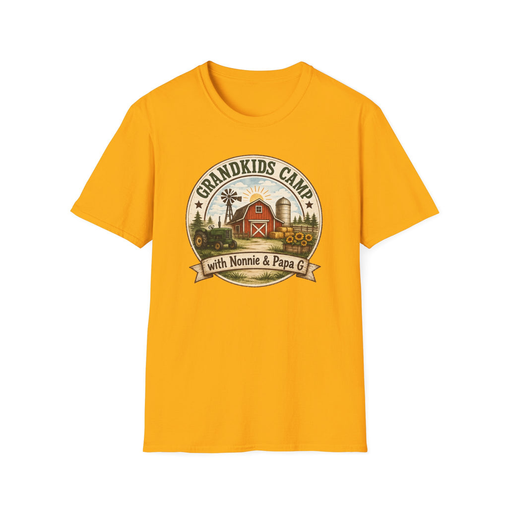 Grandkids Camp T-Shirt – Retro Barn, Tractor & 'Grandkids Camp with Nonnie & Papa' Design