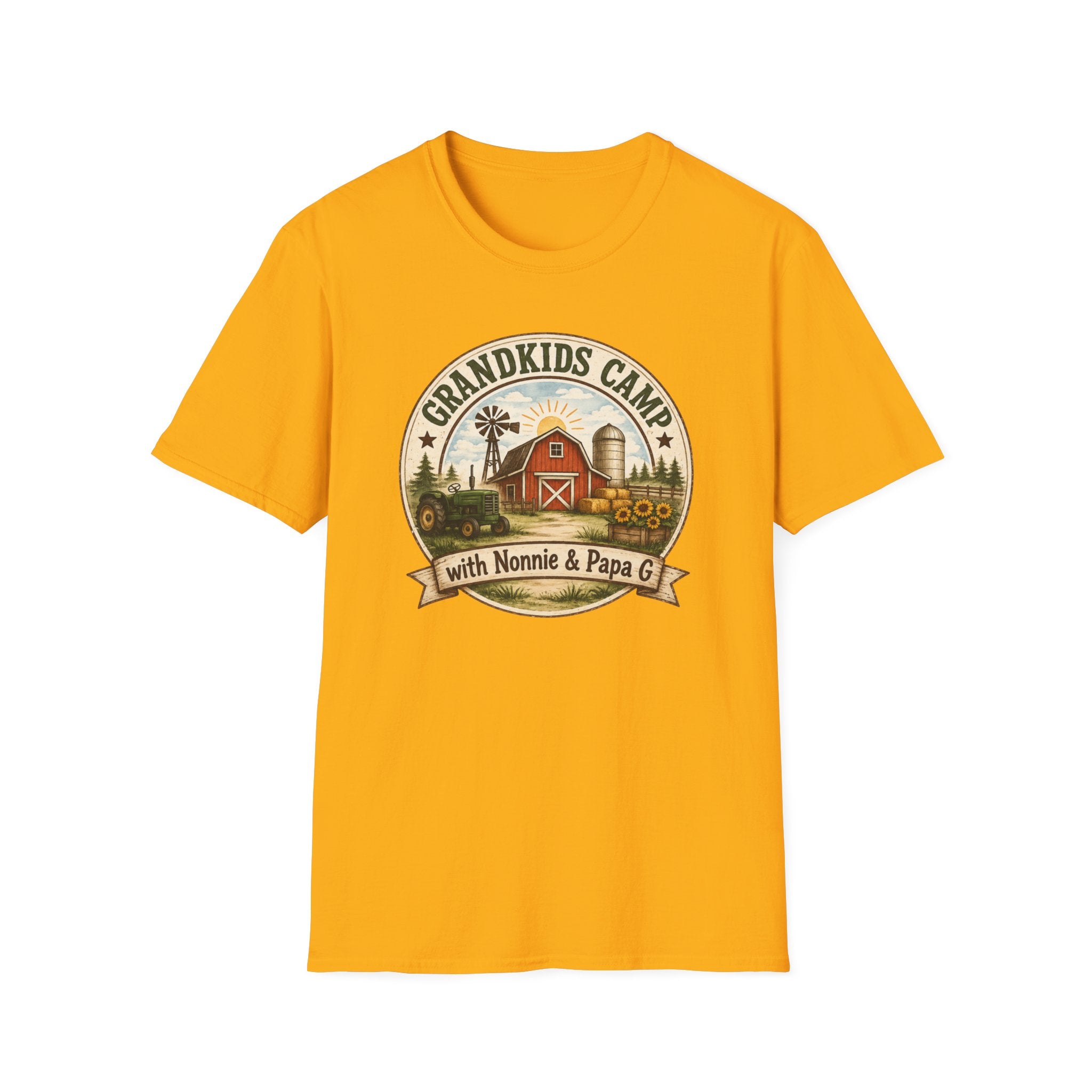 Grandkids Camp T-Shirt – Retro Barn, Tractor & 'Grandkids Camp with Nonnie & Papa' Design