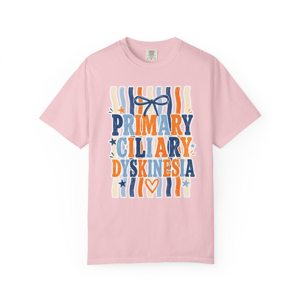 Primary Ciliary Dyskinesia Awareness T-Shirt — Orange & Blue Ribbon Design