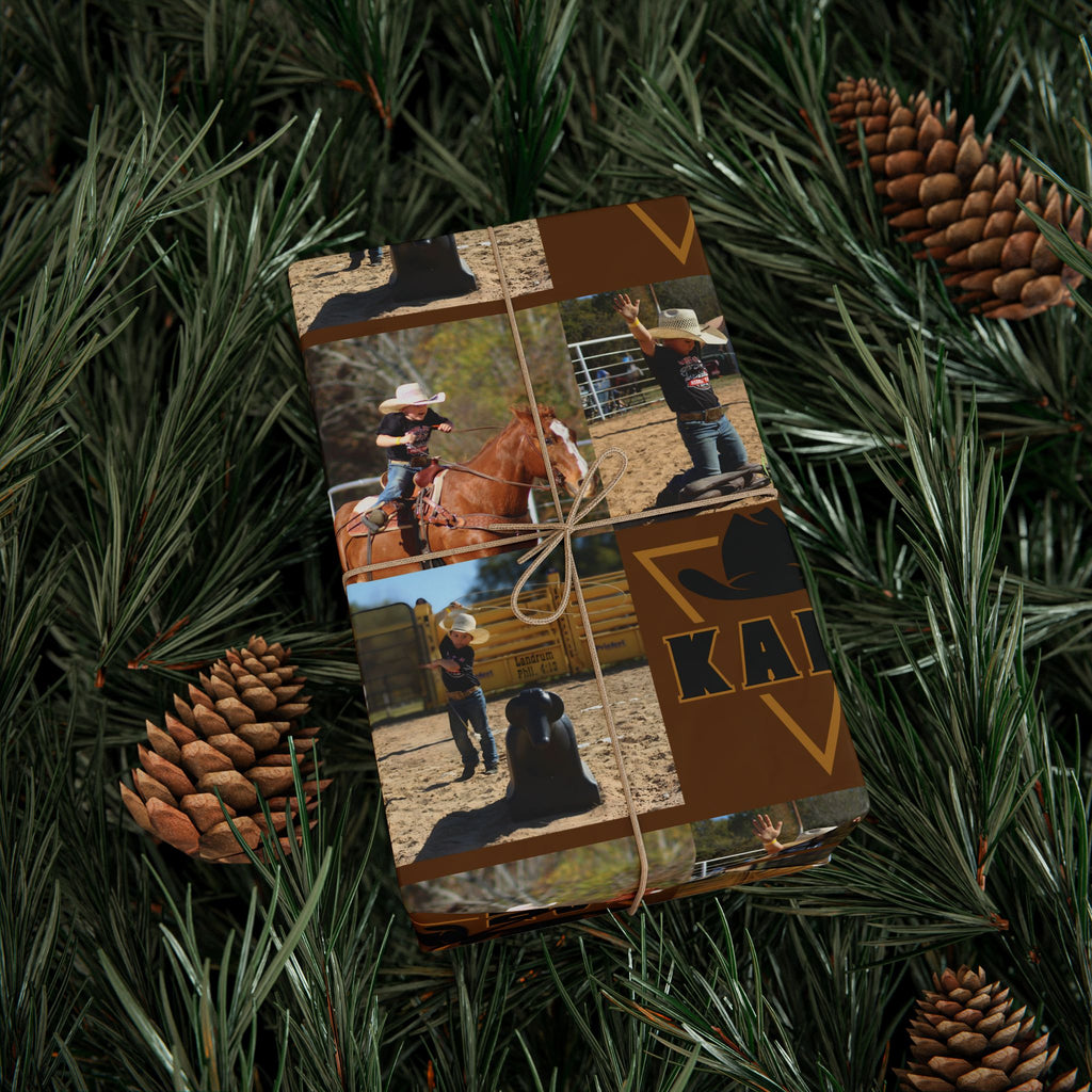 KADE——-Western Rodeo Photo Collage Wrapping Paper Roll — Brown Cowboy Theme Gift Wrap
