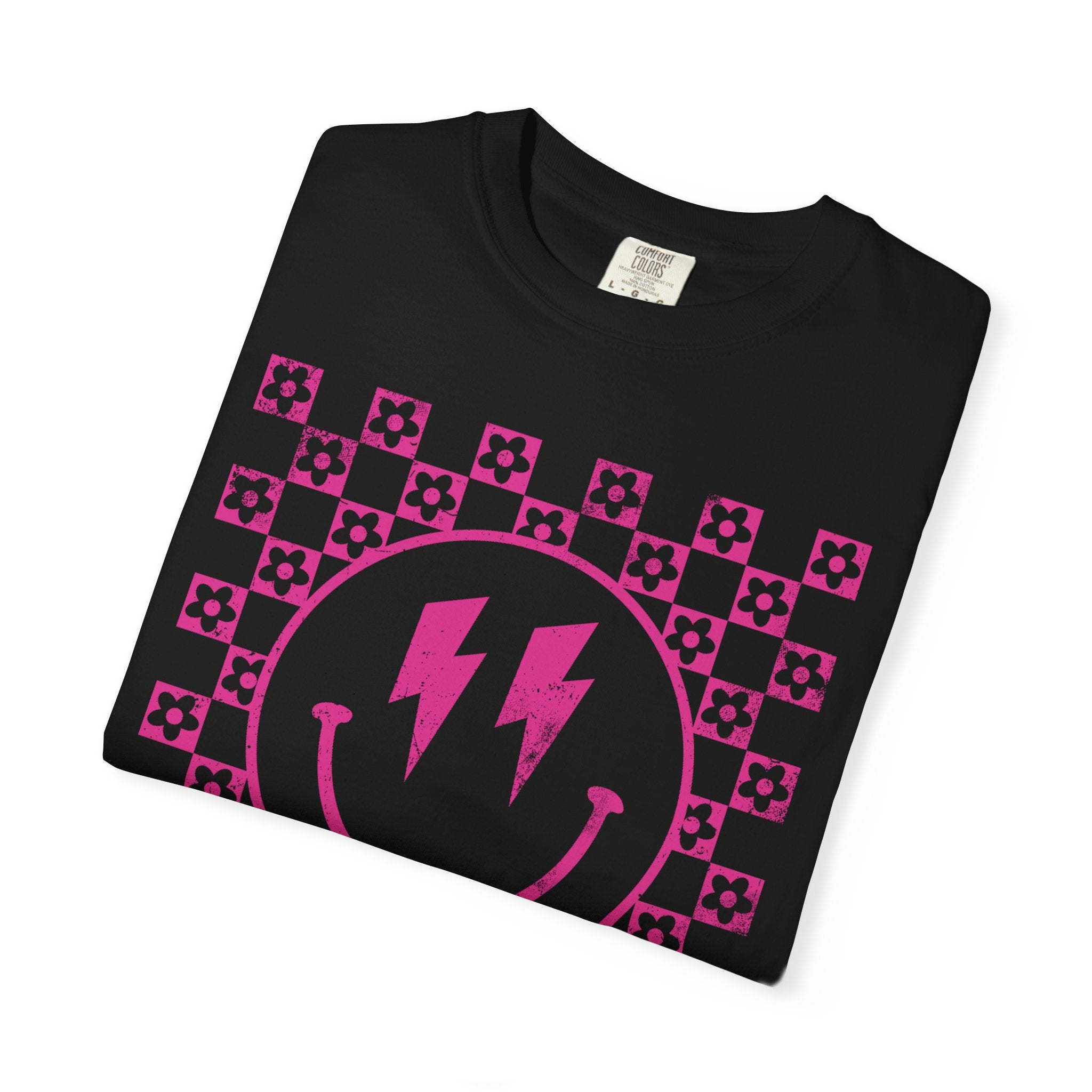 Pink Lightning Smile Tee - Retro Checkerboard Graphic T-Shirt