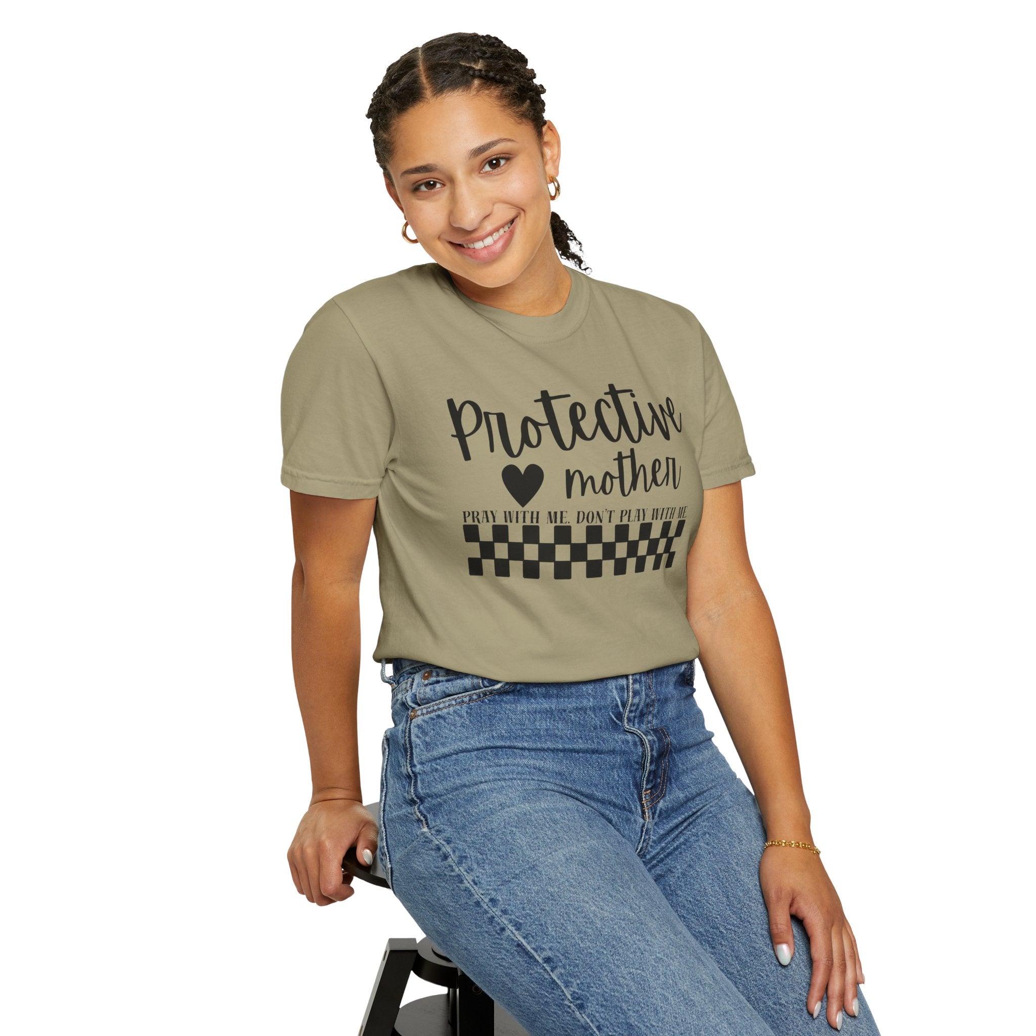 Protective Mother T-Shirt — “Protective Mother” Script Tee with Checkerboard Accent