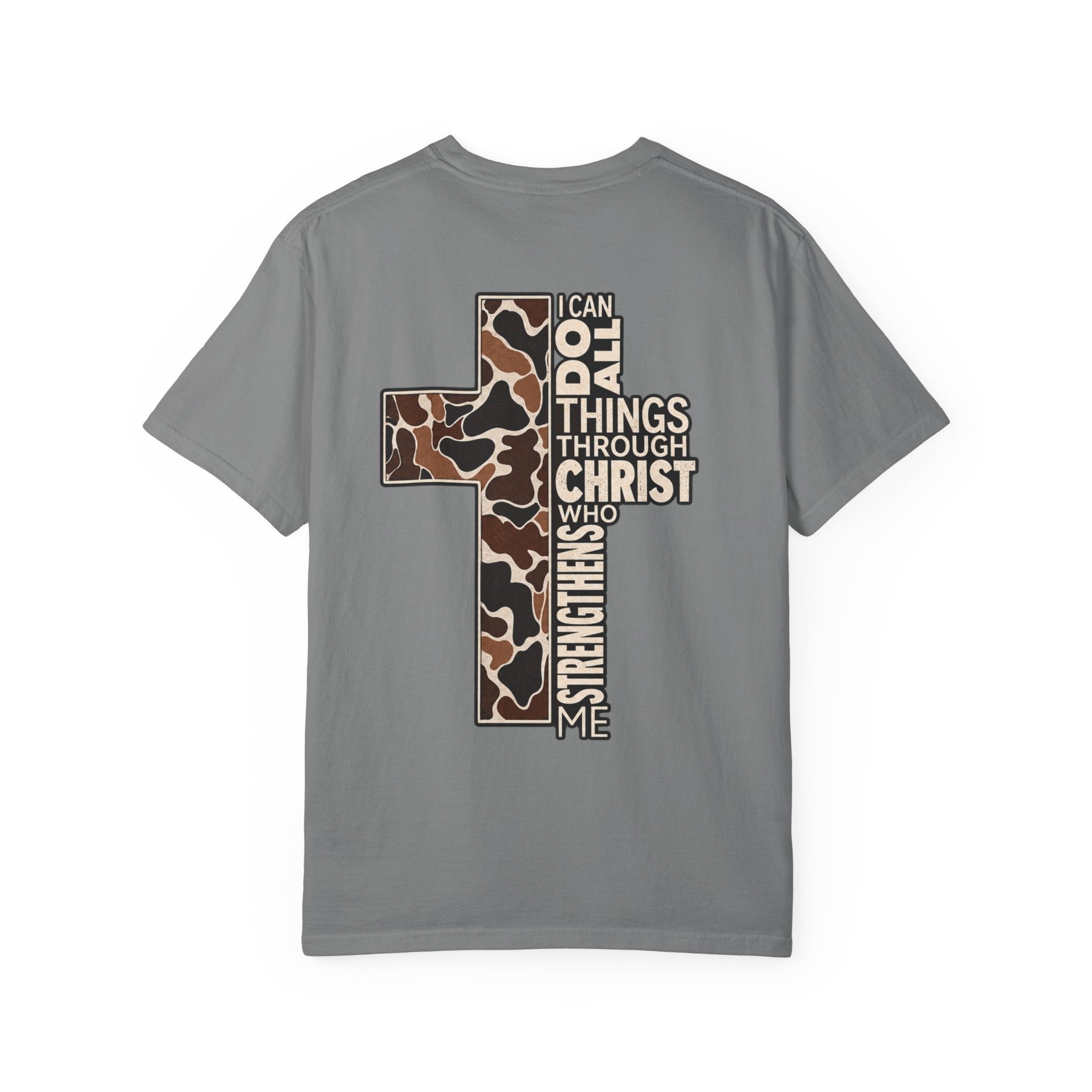 Christian Cross T‑Shirt — "I Can Do All Things Through Christ" Camouflage Design