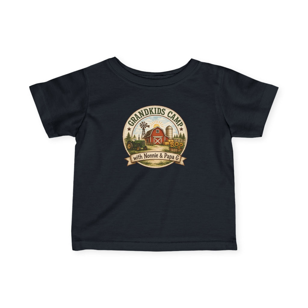 Infant Tee — “Grandkids Camp with Nonnie & Papa” Baby Shirt (Exploring, Laughing, Playing, Growing)