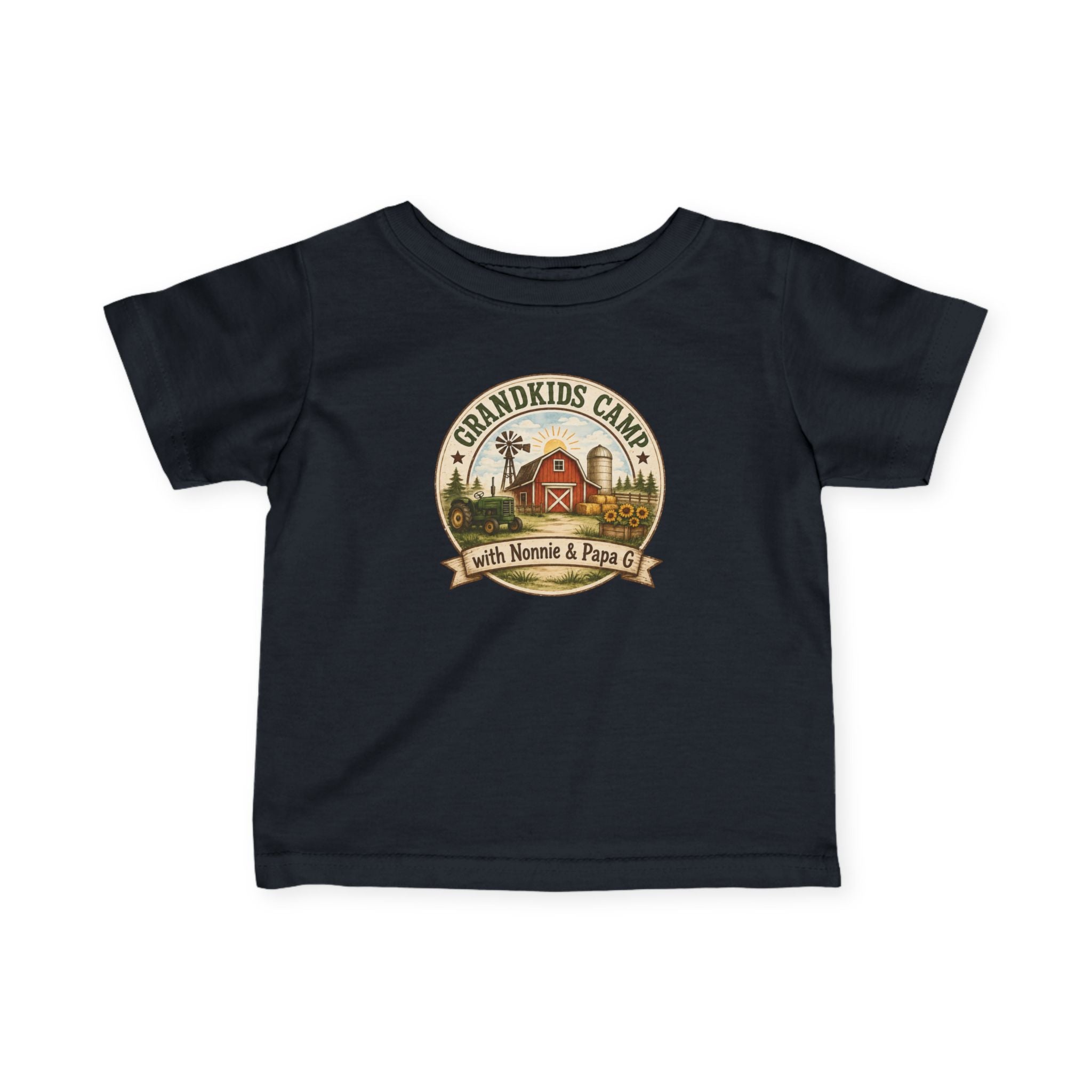 Infant Tee — “Grandkids Camp with Nonnie & Papa” Baby Shirt (Exploring, Laughing, Playing, Growing)