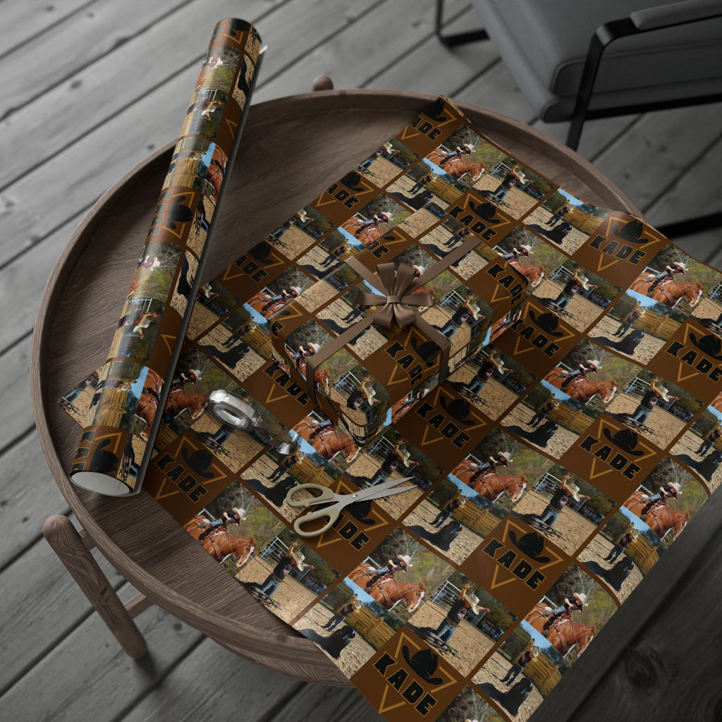 KADE——-Western Rodeo Photo Collage Wrapping Paper Roll — Brown Cowboy Theme Gift Wrap