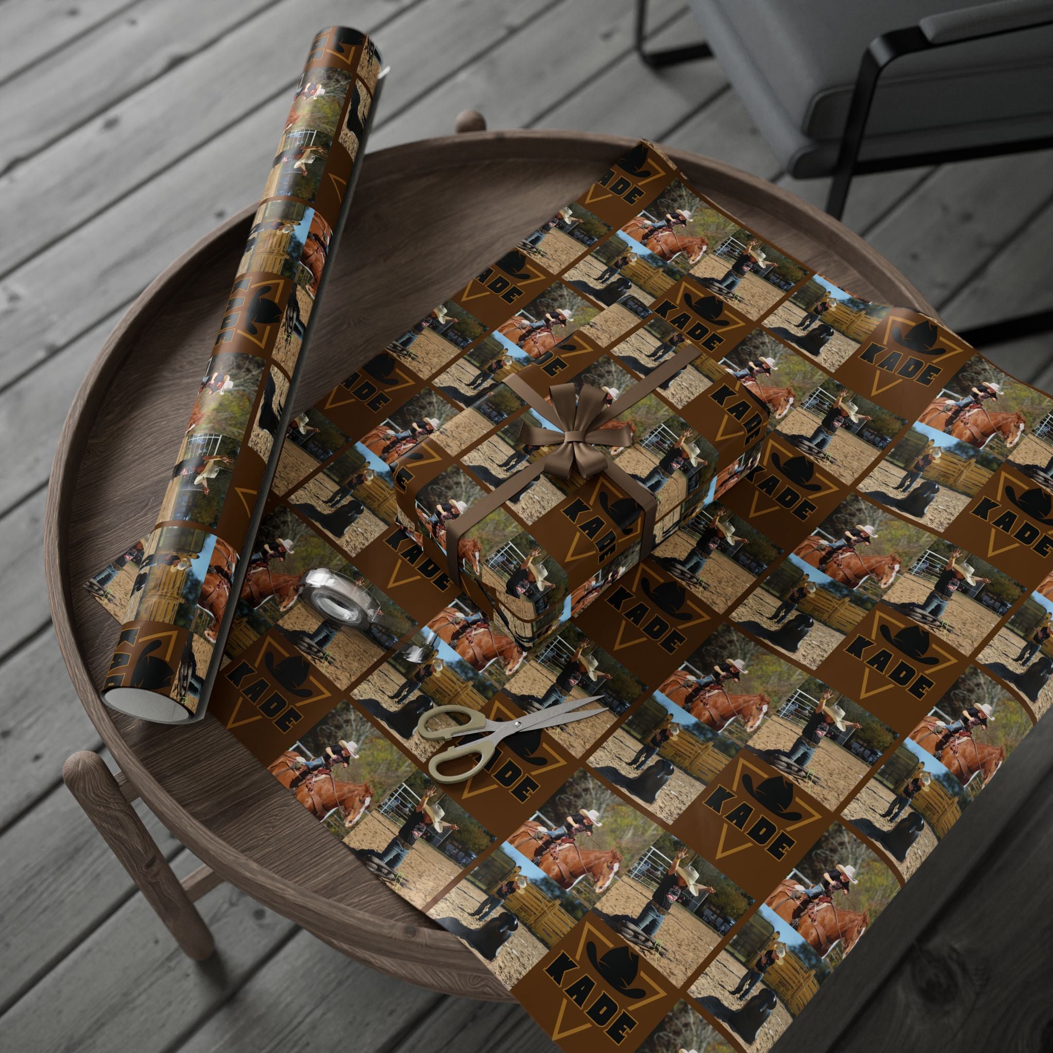 KADE——-Western Rodeo Photo Collage Wrapping Paper Roll — Brown Cowboy Theme Gift Wrap