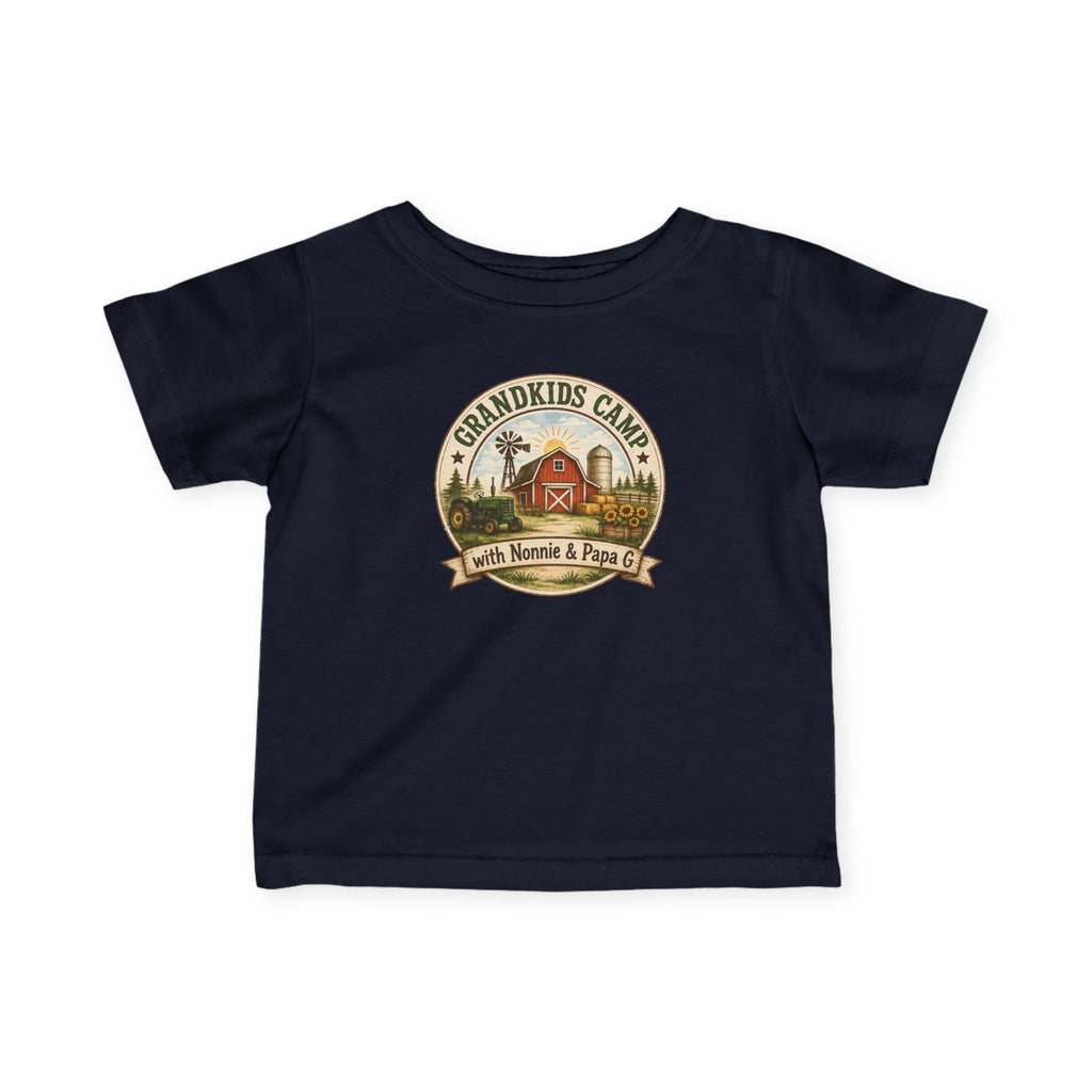 Infant Tee — “Grandkids Camp with Nonnie & Papa” Baby Shirt (Exploring, Laughing, Playing, Growing)