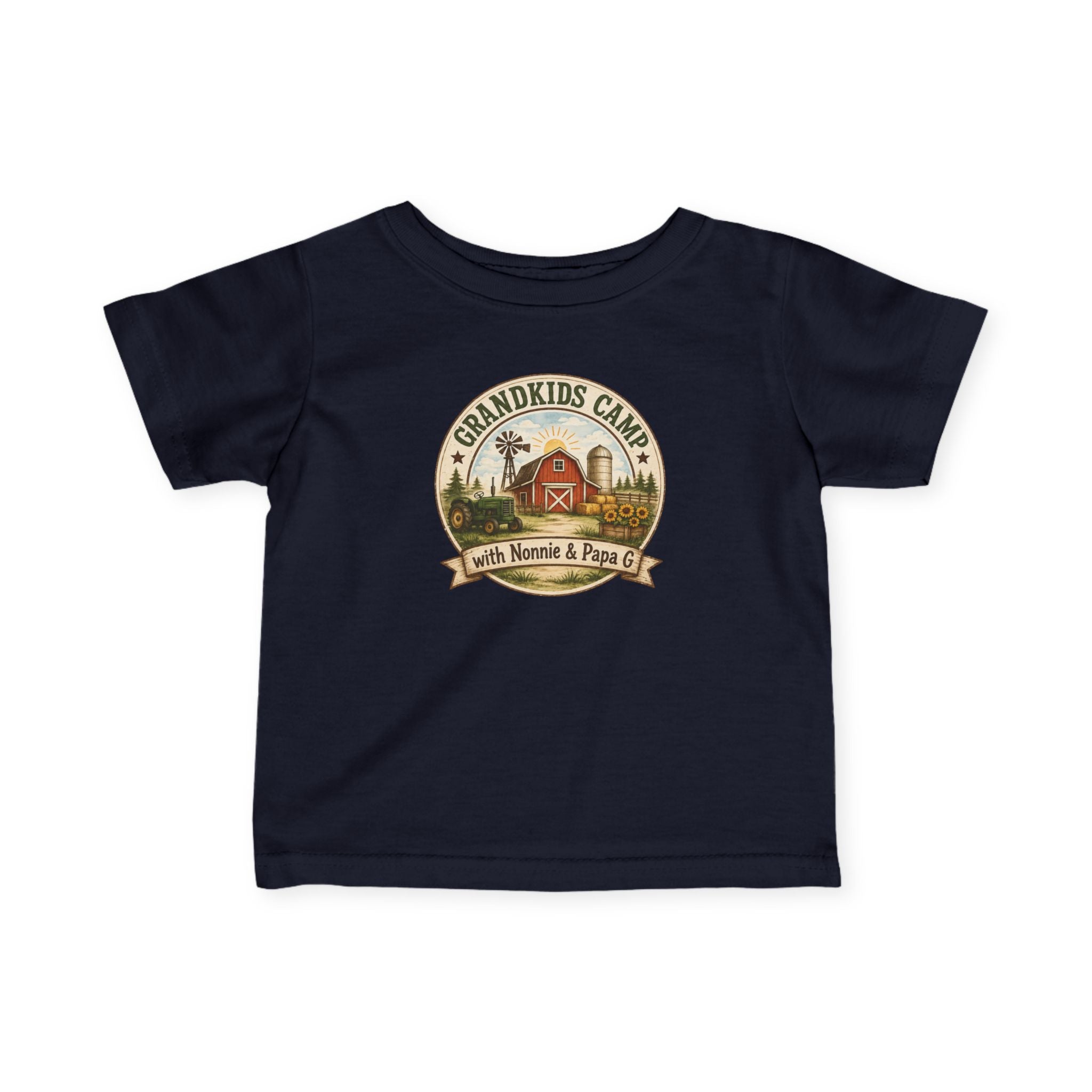 Infant Tee — “Grandkids Camp with Nonnie & Papa” Baby Shirt (Exploring, Laughing, Playing, Growing)