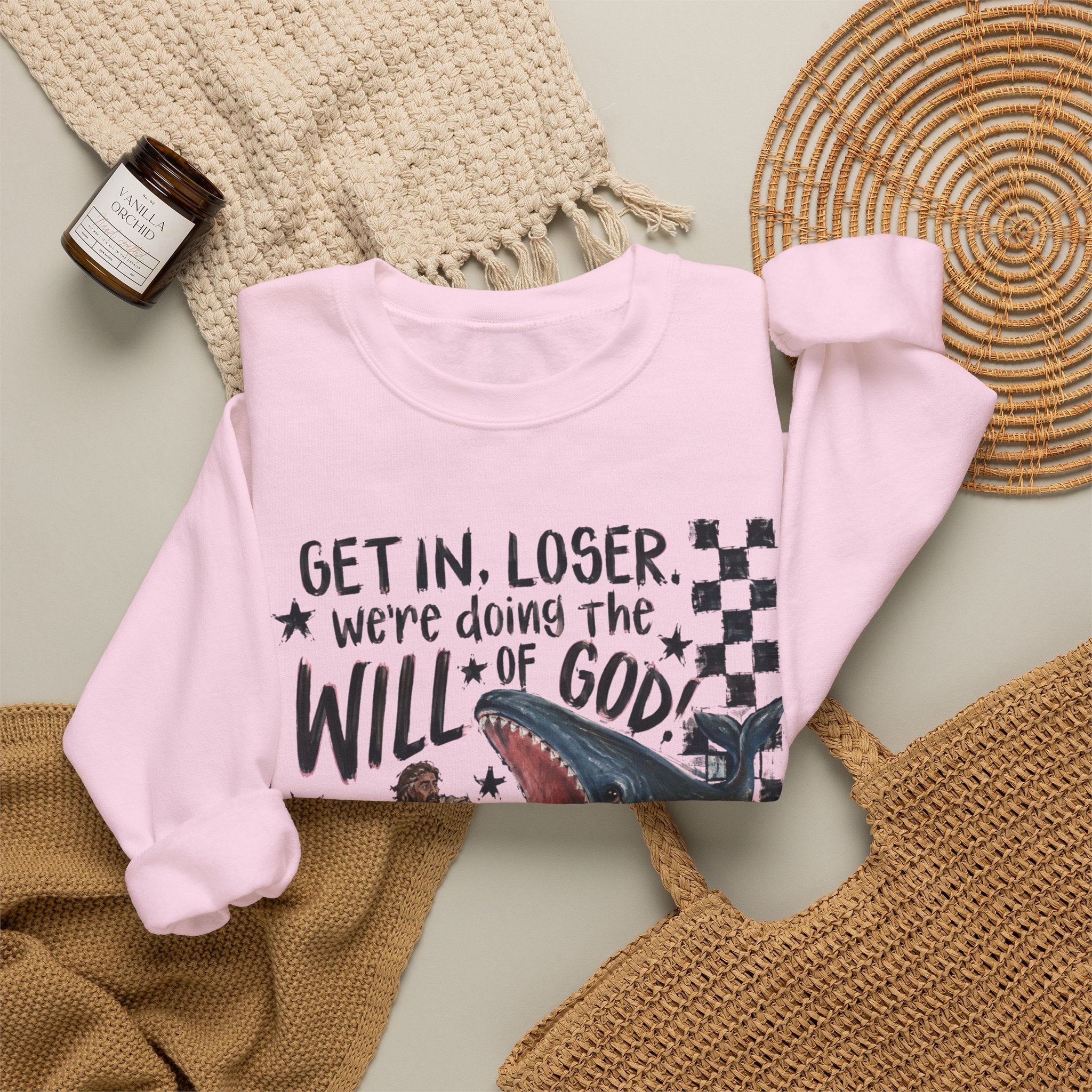 Christian Crewneck Sweatshirt — “Get in, Loser, We’re Doing the Will of God” Graphic