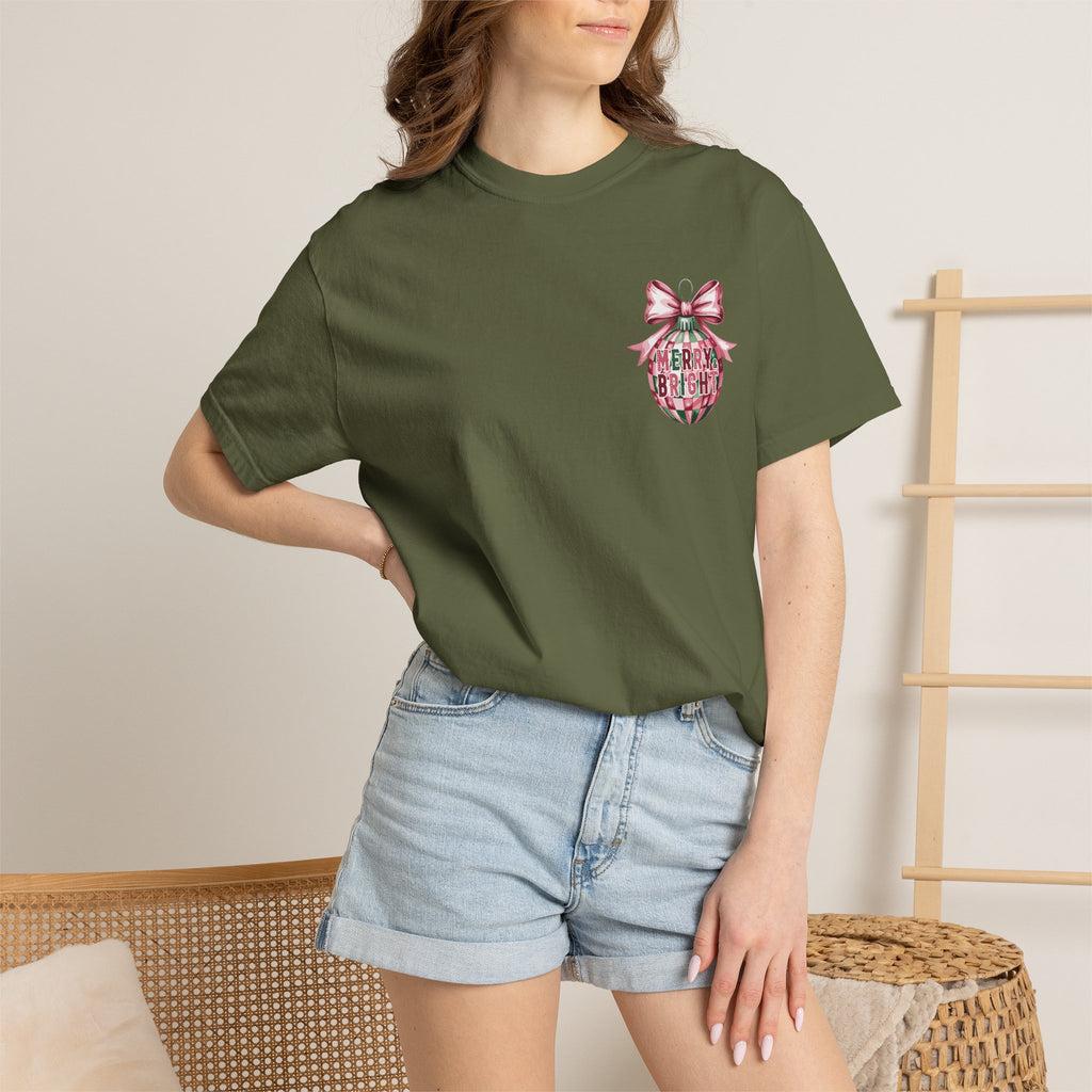 Holiday Patchwork Tee - "Merry & Bright" Graphic T-Shirt