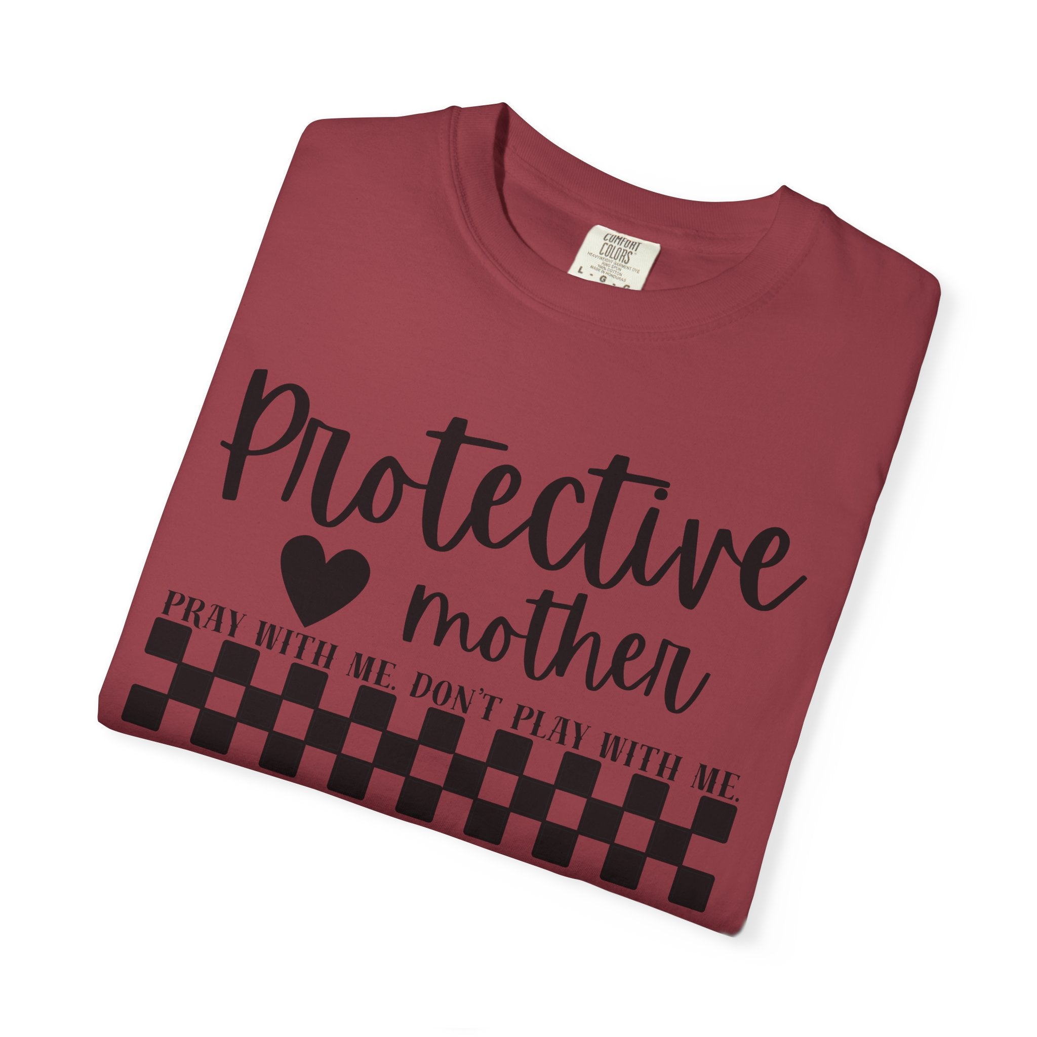 Protective Mother T-Shirt — “Protective Mother” Script Tee with Checkerboard Accent