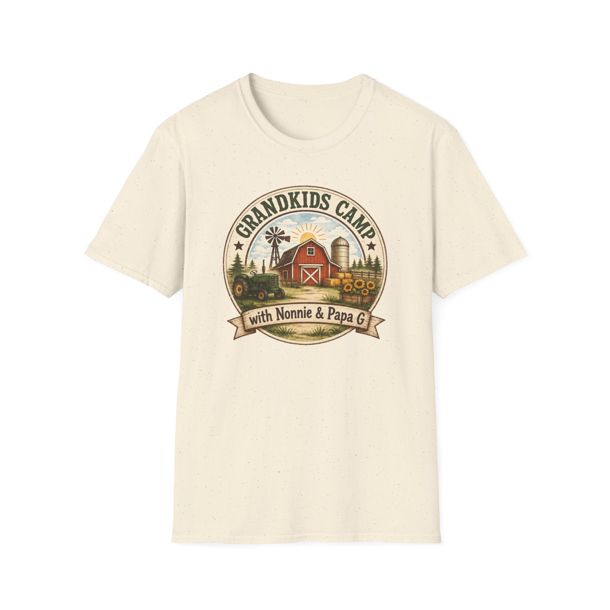 Grandkids Camp T-Shirt – Retro Barn, Tractor & 'Grandkids Camp with Nonnie & Papa' Design