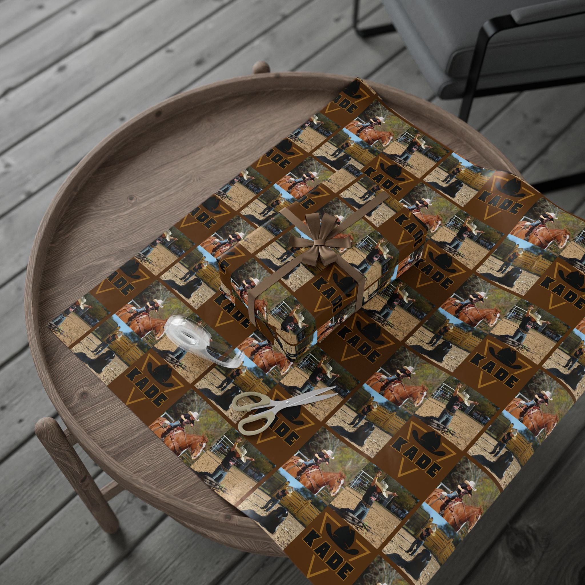 KADE——-Western Rodeo Photo Collage Wrapping Paper Roll — Brown Cowboy Theme Gift Wrap