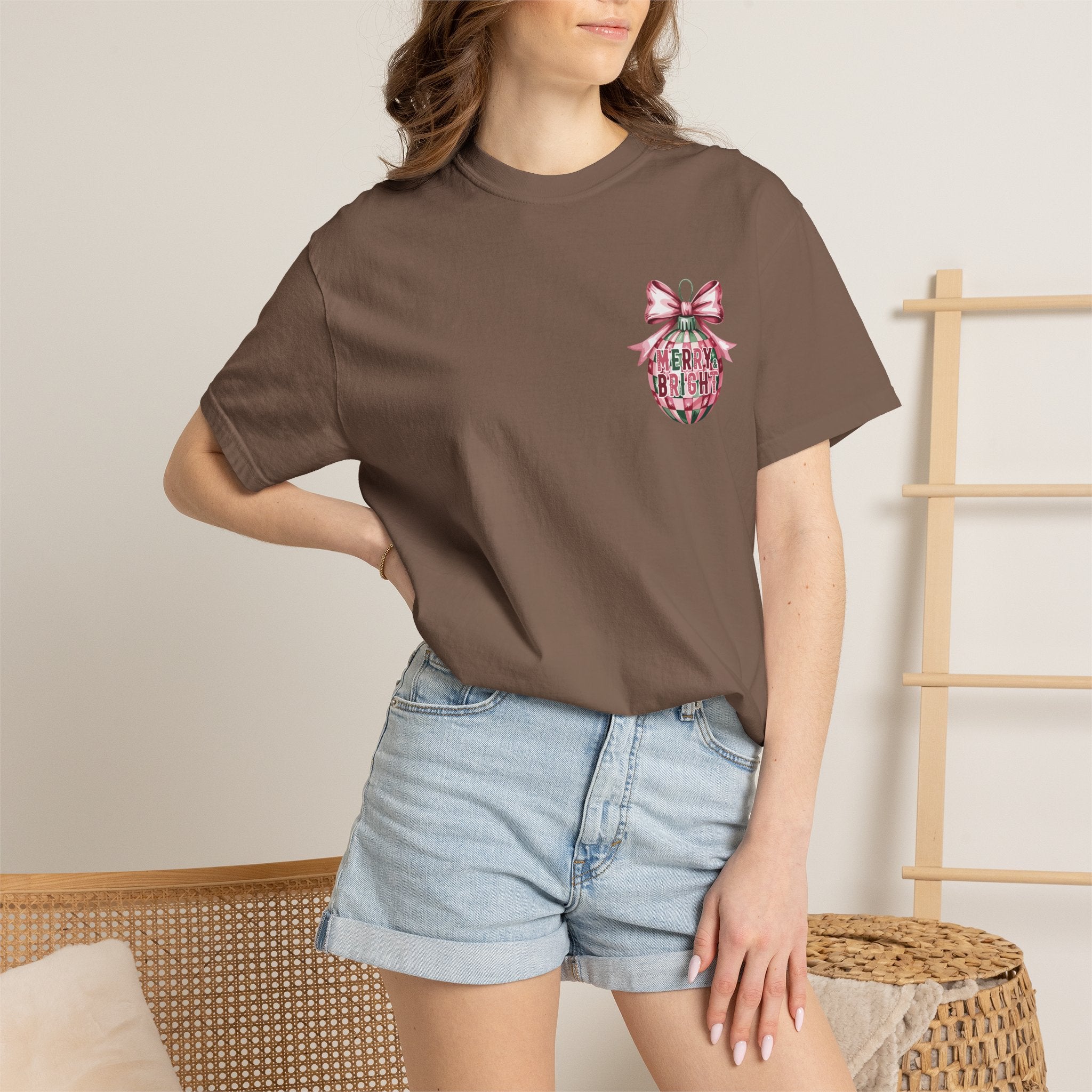 Holiday Patchwork Tee - "Merry & Bright" Graphic T-Shirt