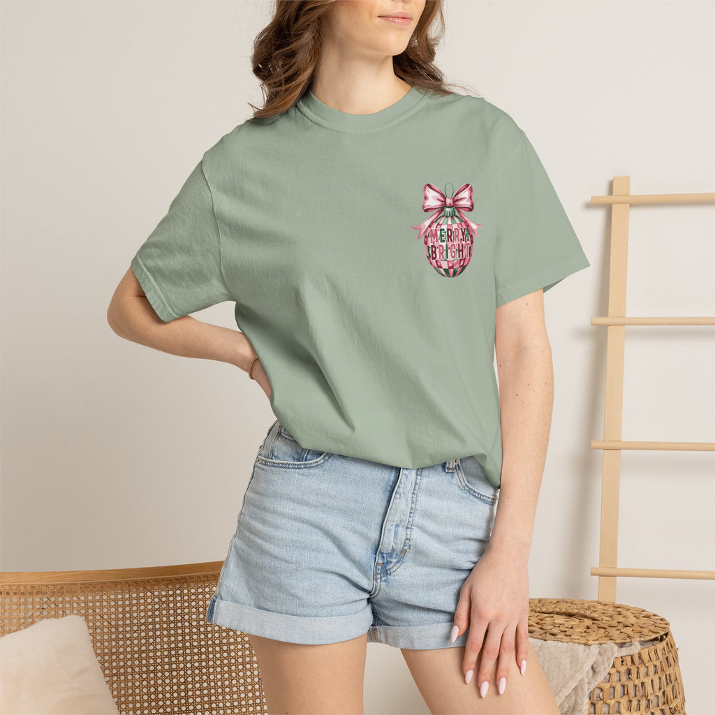 Holiday Patchwork Tee - "Merry & Bright" Graphic T-Shirt