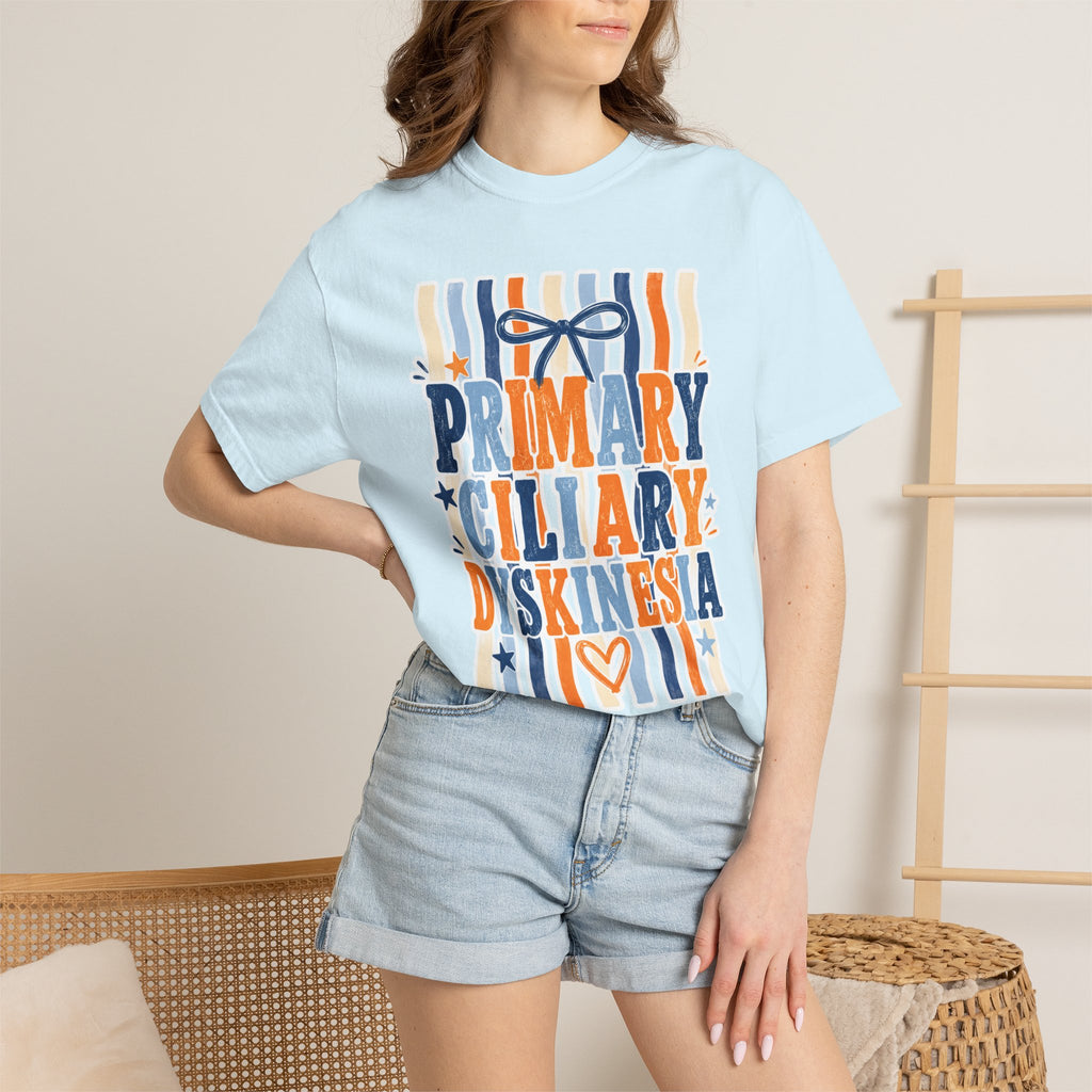 Primary Ciliary Dyskinesia Awareness T-Shirt — Orange & Blue Ribbon Design