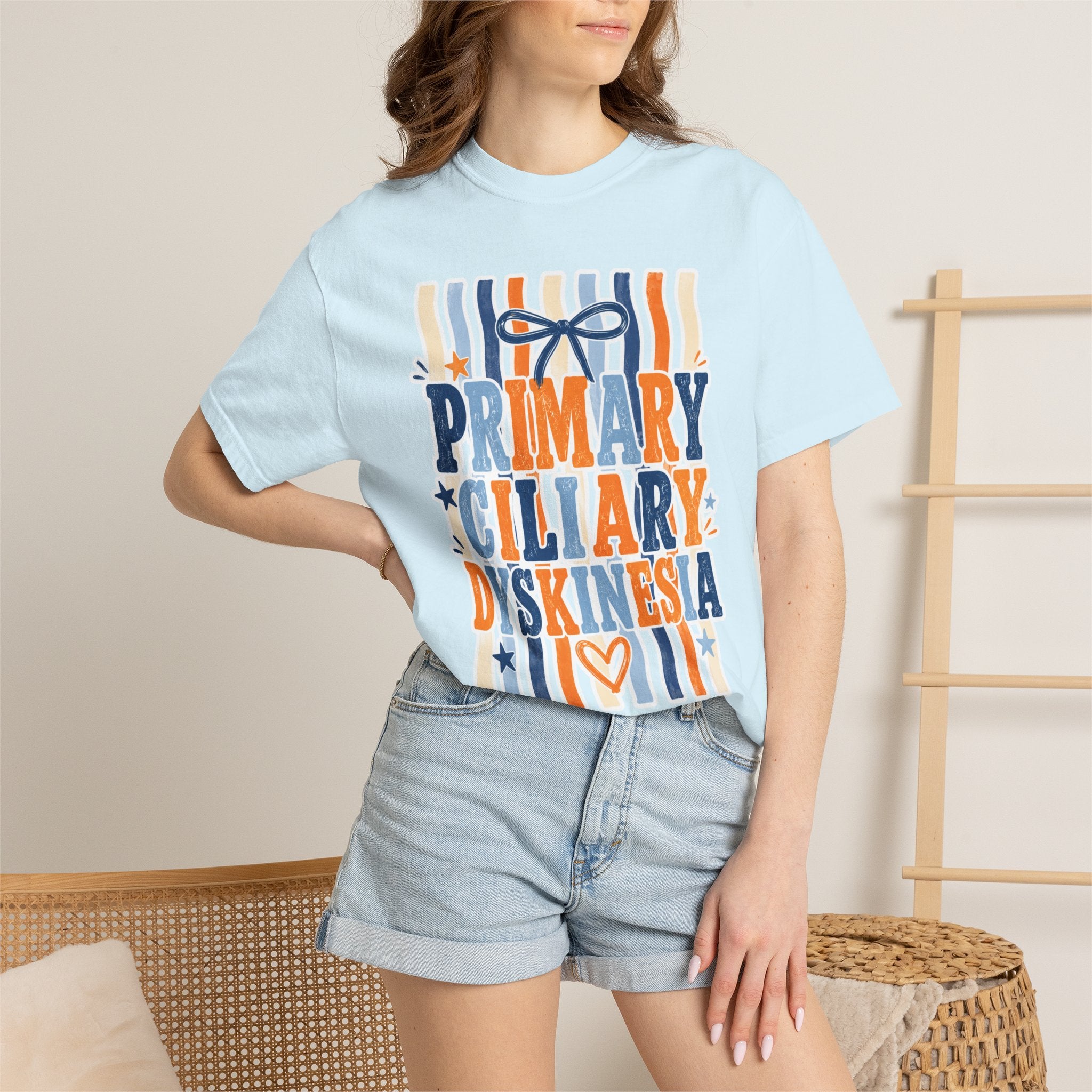 Primary Ciliary Dyskinesia Awareness T-Shirt — Orange & Blue Ribbon Design