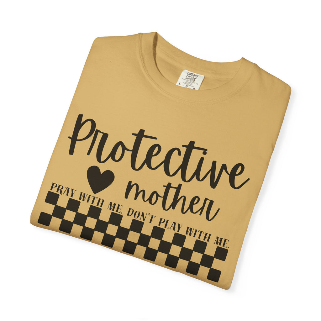 Protective Mother T-Shirt — “Protective Mother” Script Tee with Checkerboard Accent