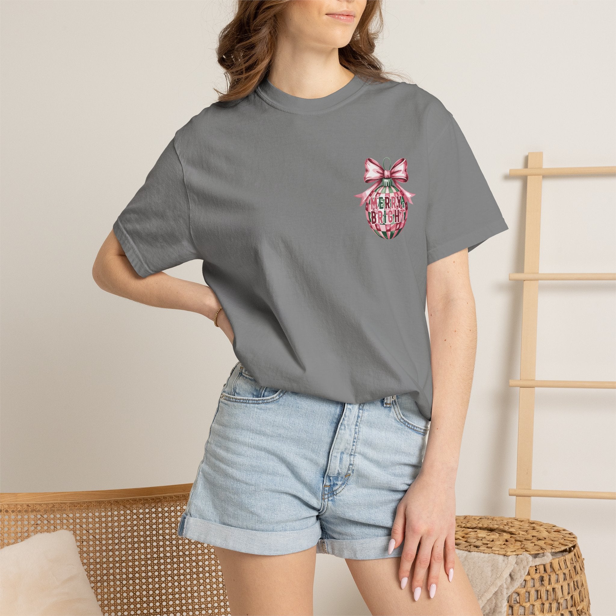 Holiday Patchwork Tee - "Merry & Bright" Graphic T-Shirt