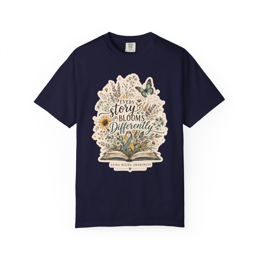 Every Story Blooms Differently T-Shirt — Spina Bifida Awareness