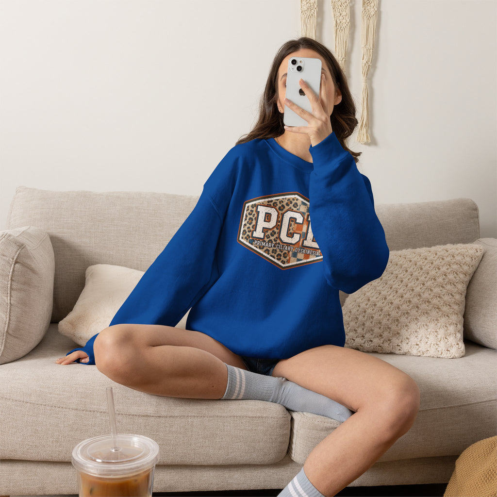 PCD Patch Crewneck Sweatshirt — Plaid & Leopard Logo Pullover