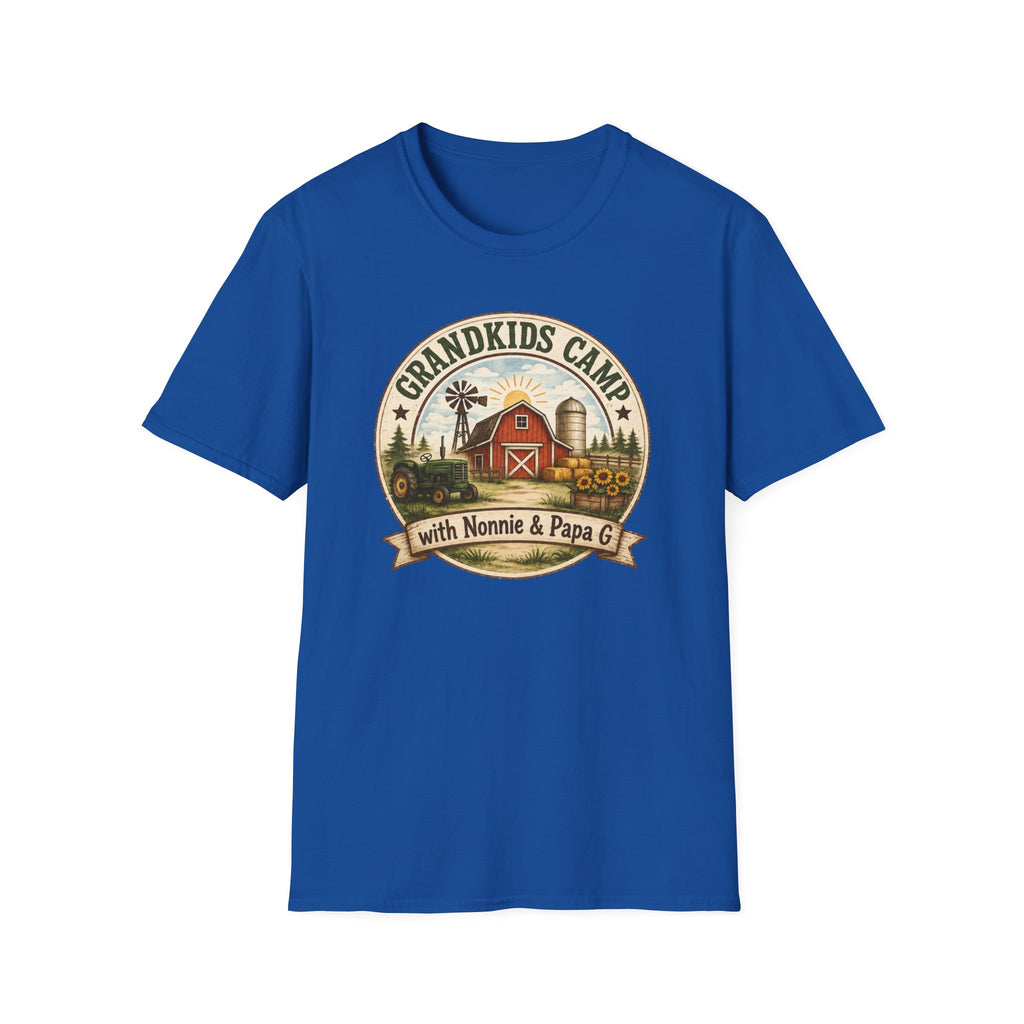 Grandkids Camp T-Shirt – Retro Barn, Tractor & 'Grandkids Camp with Nonnie & Papa' Design
