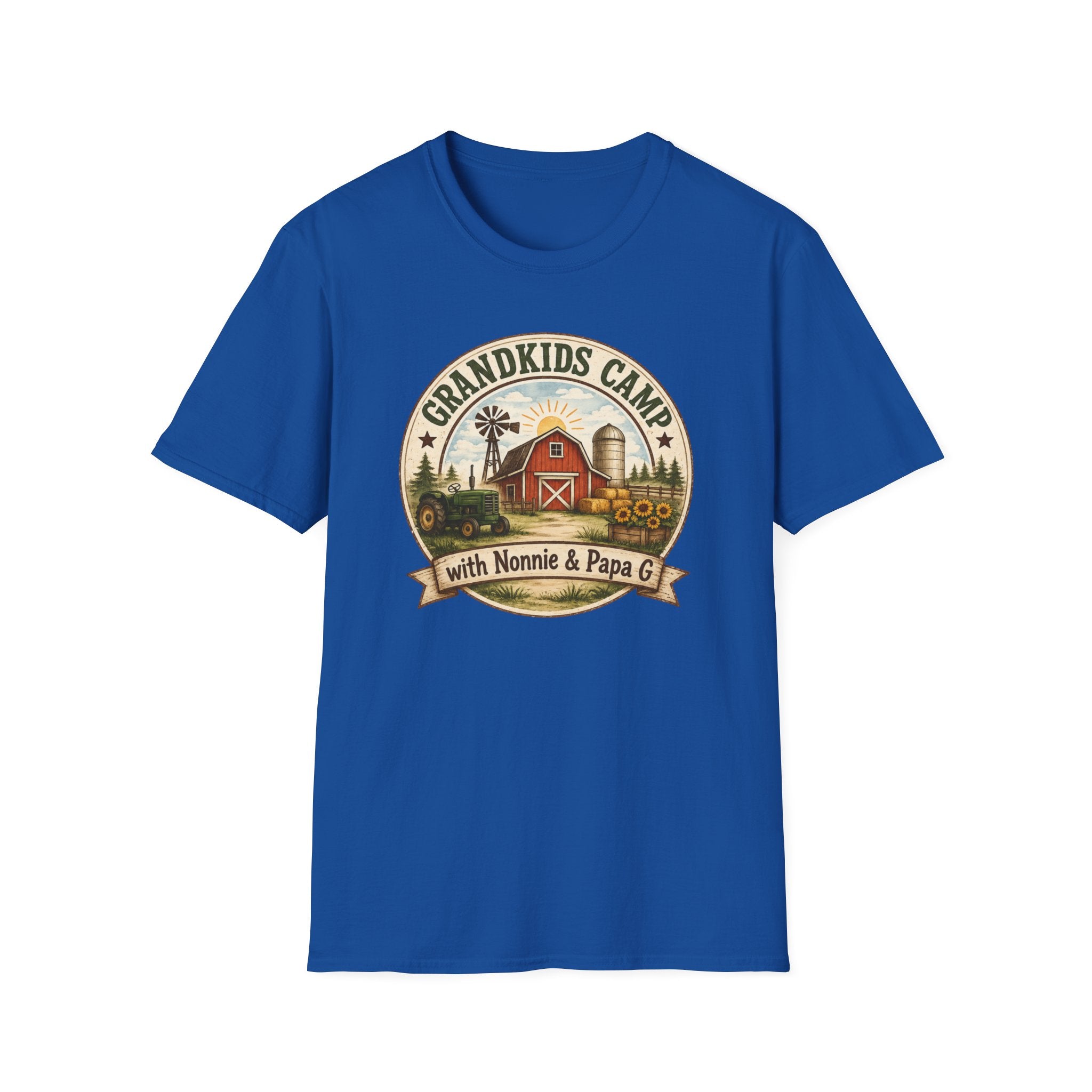 Grandkids Camp T-Shirt – Retro Barn, Tractor & 'Grandkids Camp with Nonnie & Papa' Design