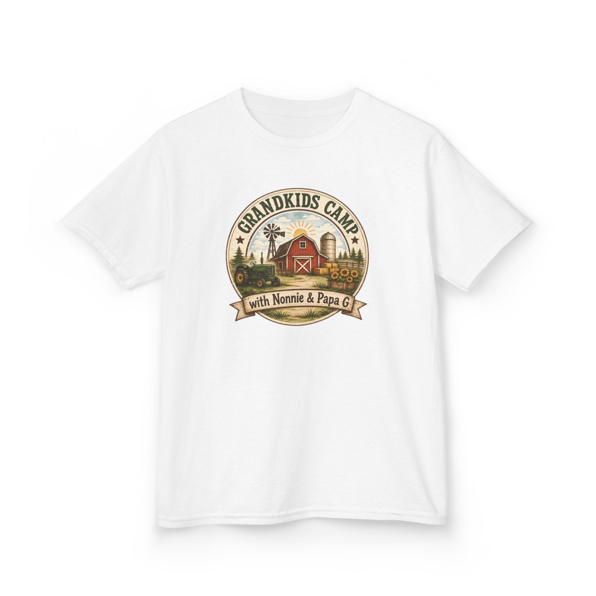 Kids Tee — "Grandkids Camp with Nannie & Papa" Rustic Farm Sign Tee